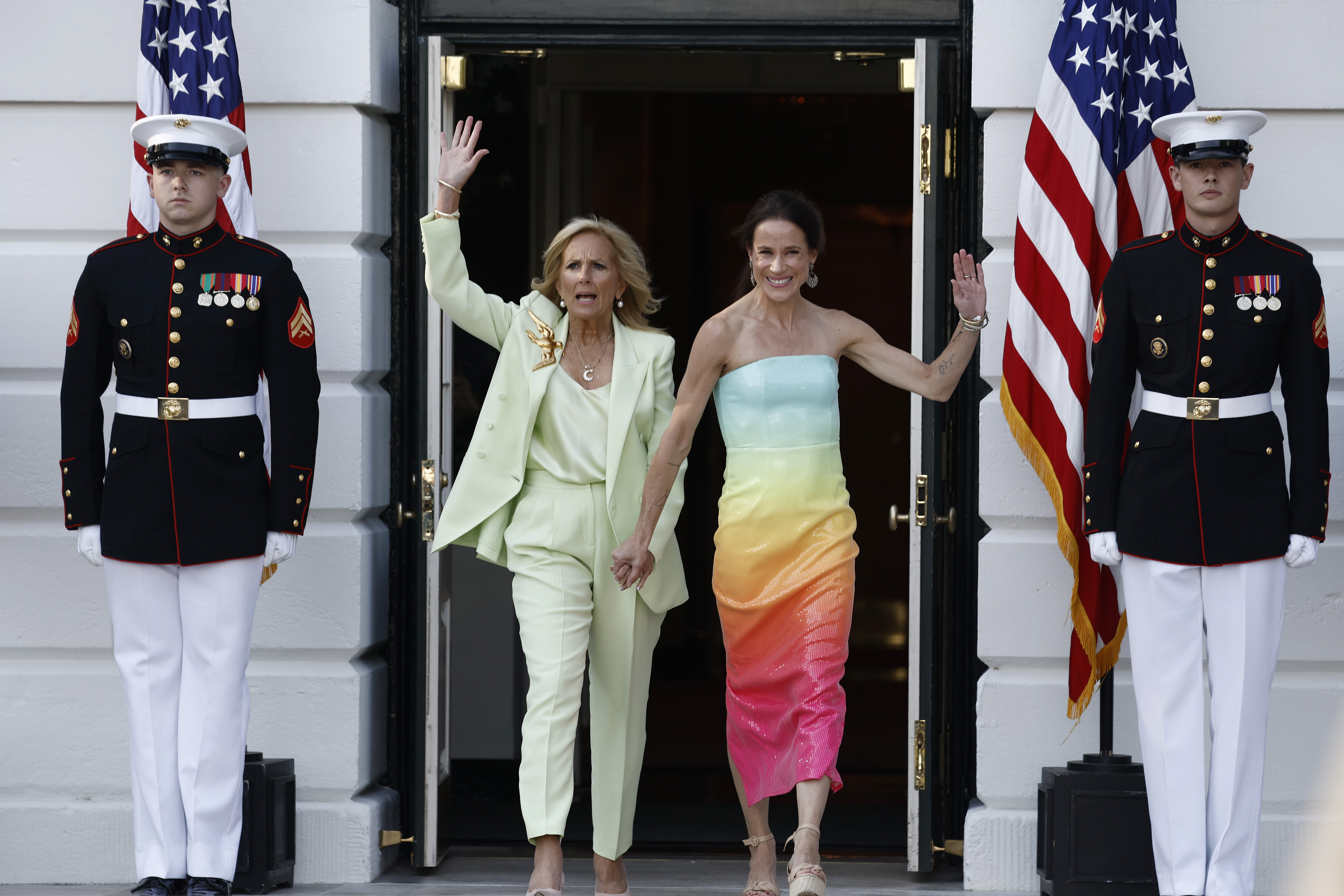 First lady Jill Biden and Ashley Biden, daughter of U.S. President Joe Biden, arrive to a Pride celebration on the South Lawn of the White House. 
