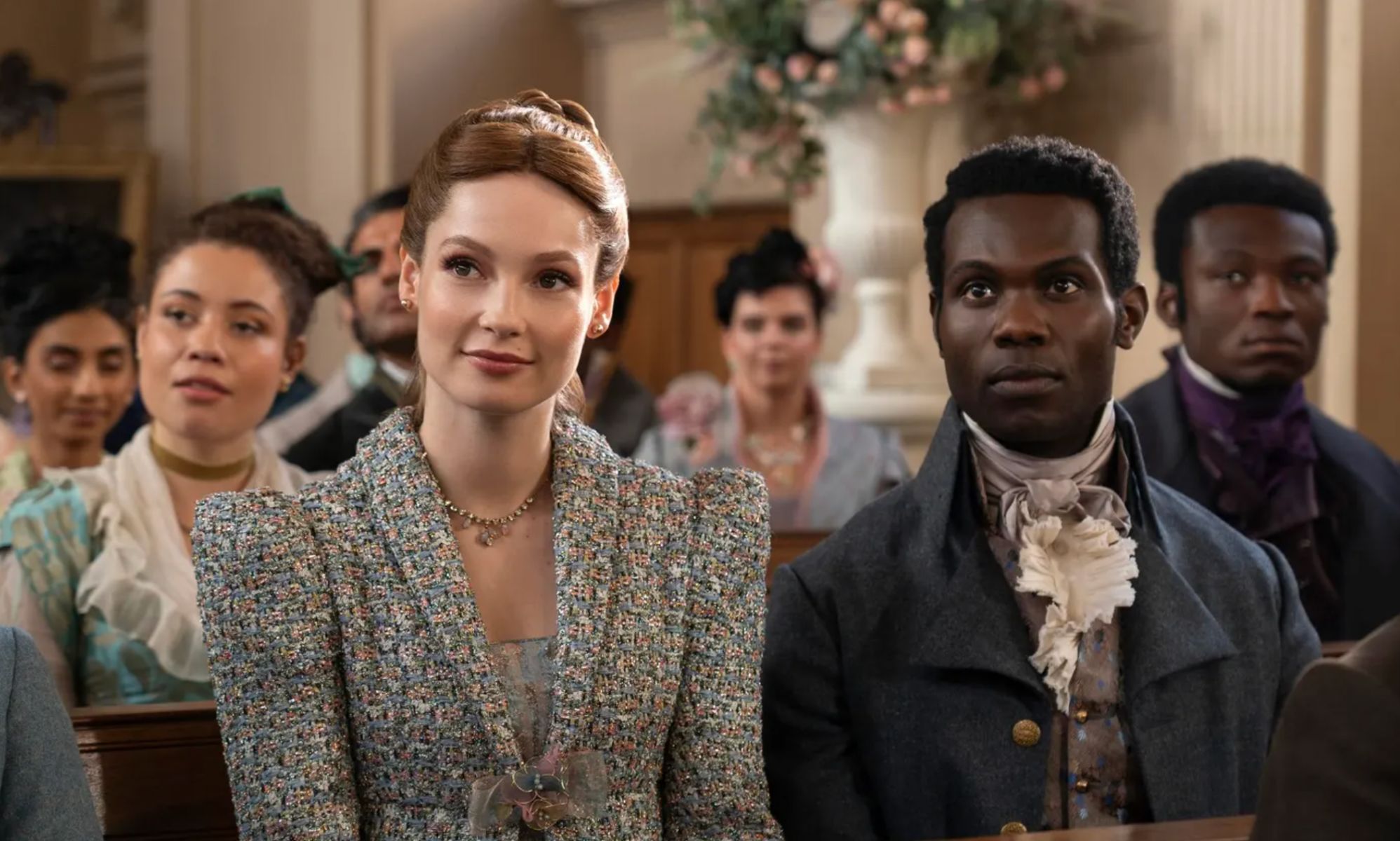 A still of Francesca Bridgerton and John Stirling in Bridgerton.