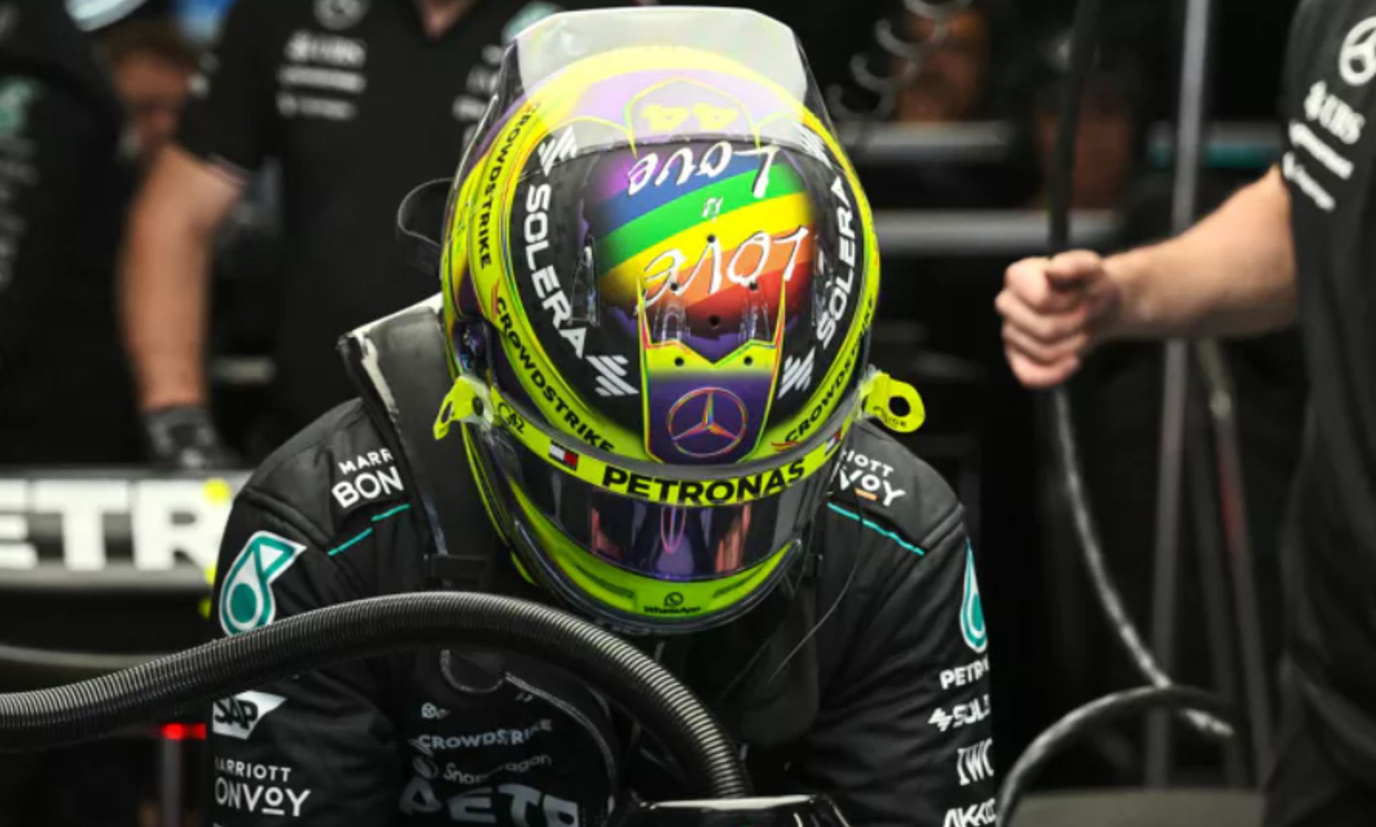 Lewis Hamilton proudly wears LGBTQ+ Pride flag on helmet at Spanish Grand Prix