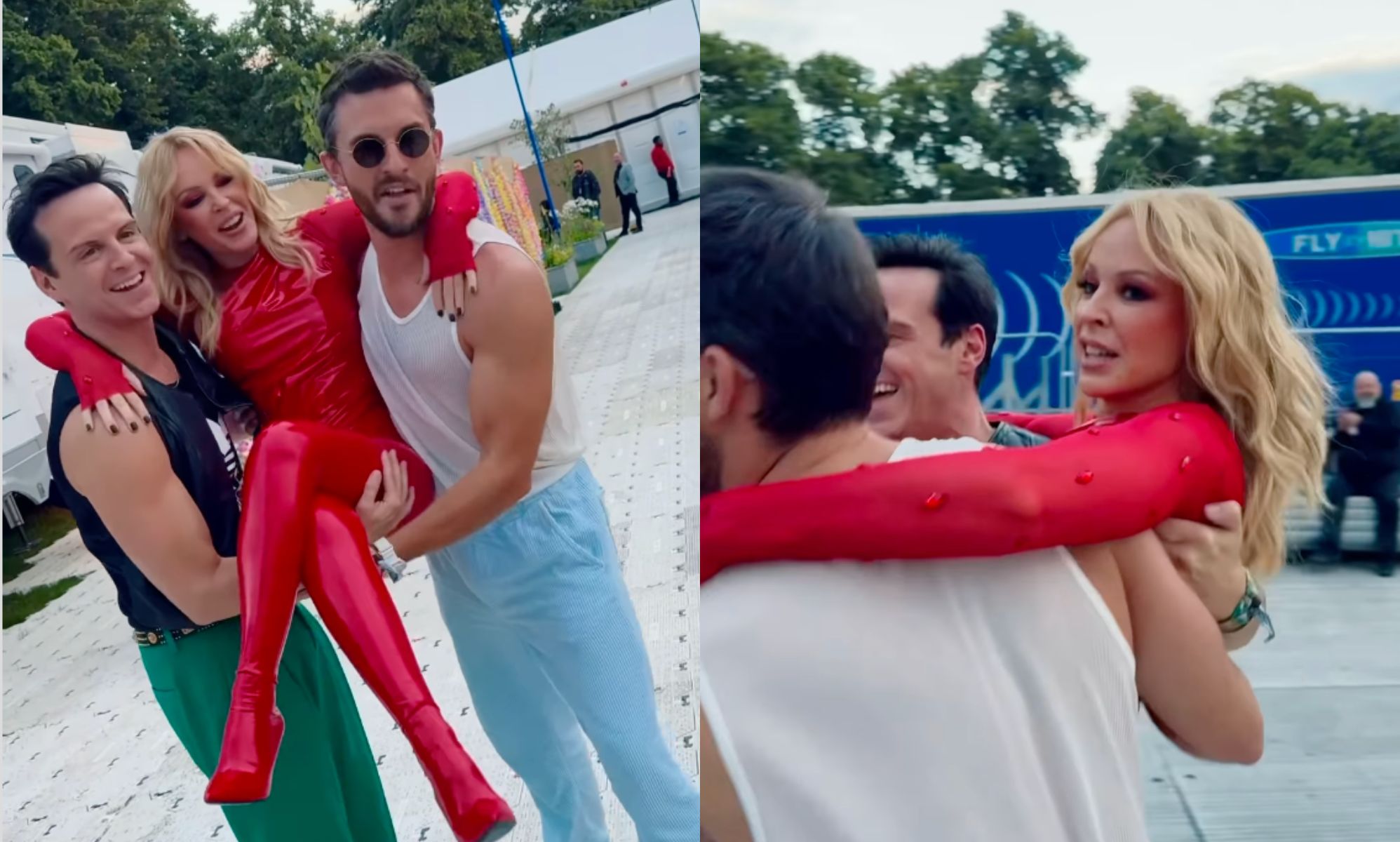 Kylie Minogue carried to BST Hyde Park stage by gay hunks Jonathan Bailey and Andrew Scott