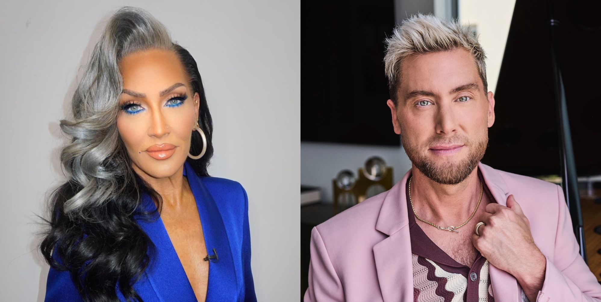 Two photos of Michelle Visage in a blue suit and Lance Bass in a pink suit alongside each other.