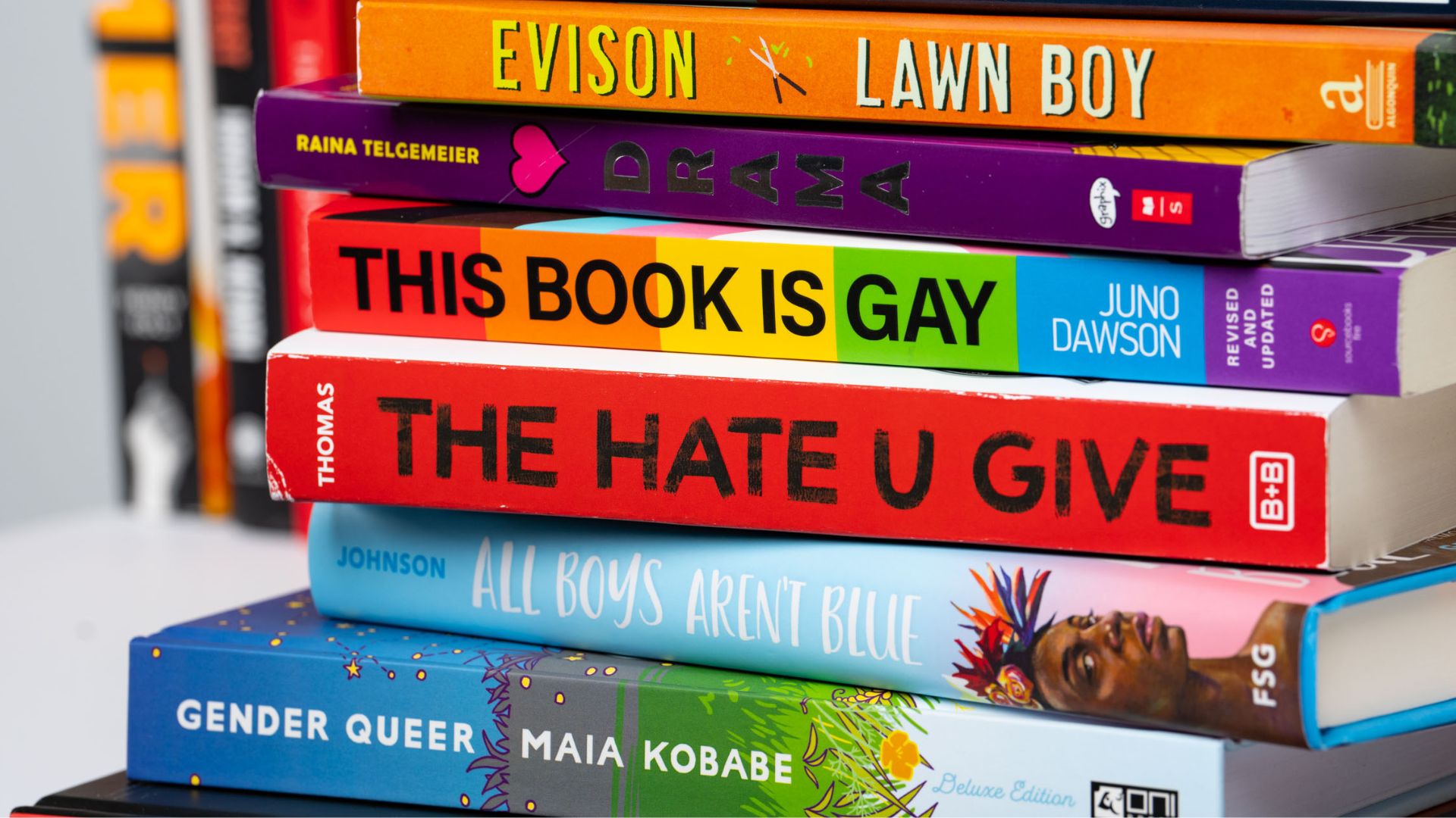 Stack of frequently-banned books in the US including Gender Queer by Maia Kobabe