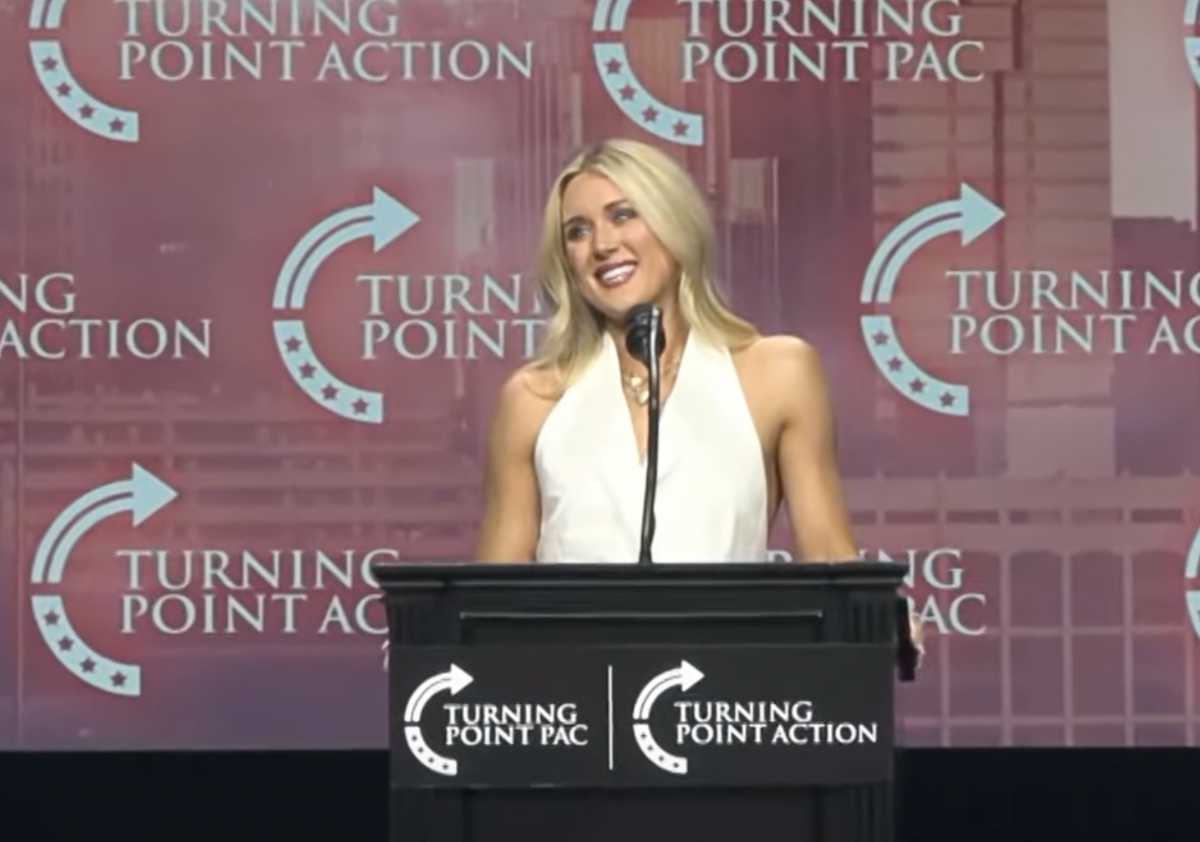 Anti-trans pundit Riley Gaines describes naked body of trans swimmer Lia Thomas at Trump rally