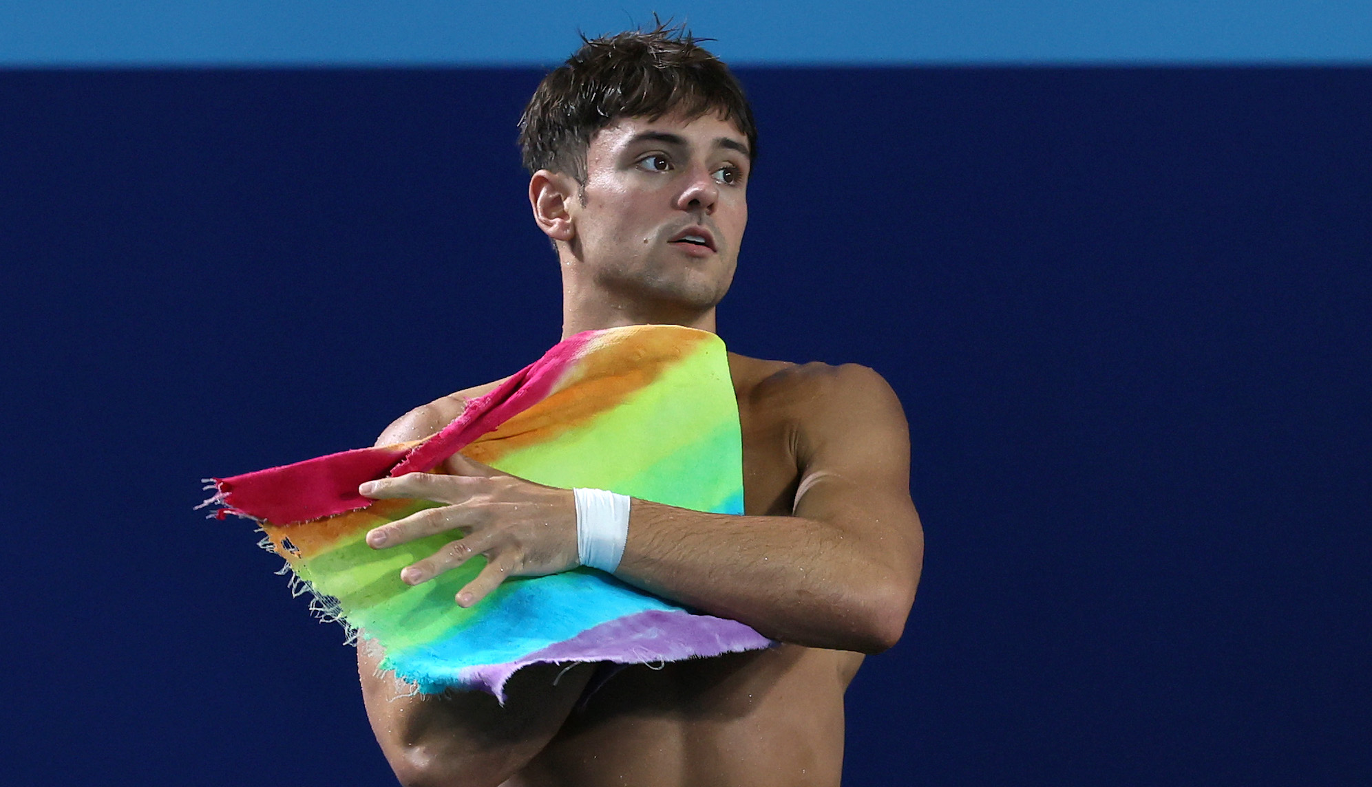 PARIS, FRANCE - JULY 23: Tom Daley of Team Great Britain practices during a diving training session ahead of the Paris Olympic Games at the Aquatics Centre on July 23, 2024 in Paris, France. (Photo by Clive Rose/Getty Images)
