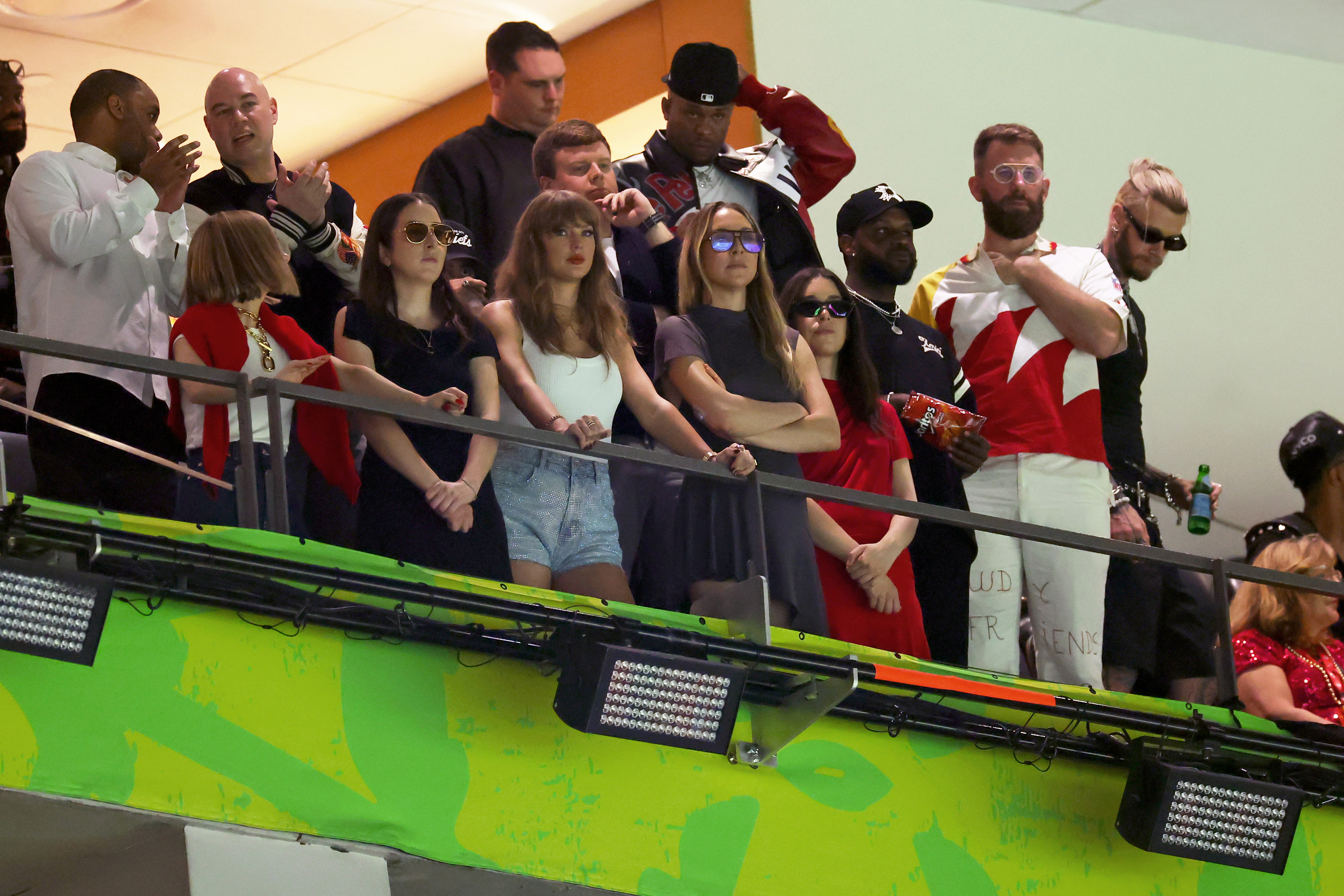 Taylor Swift arrives at the Super Bowl 2025 suite with Ice Spice and the Haim sisters