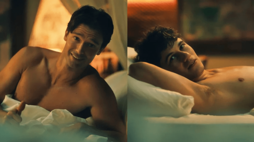 Patrick Schwarzenegger reacts to White Lotus gay porn parody 'The Tight Lotus'