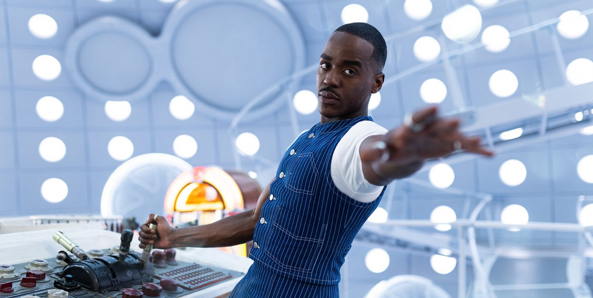 Ncuti Gatwa in the TARDIS in Doctor Who.