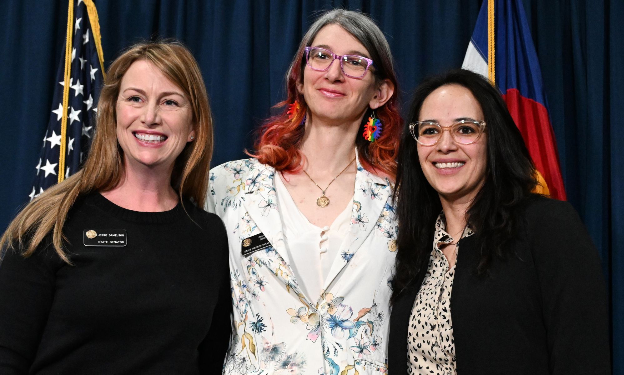 (L-R) Colorado lawmakers jessie Danielson, Brianna Titone, and Lorena Garcia. 