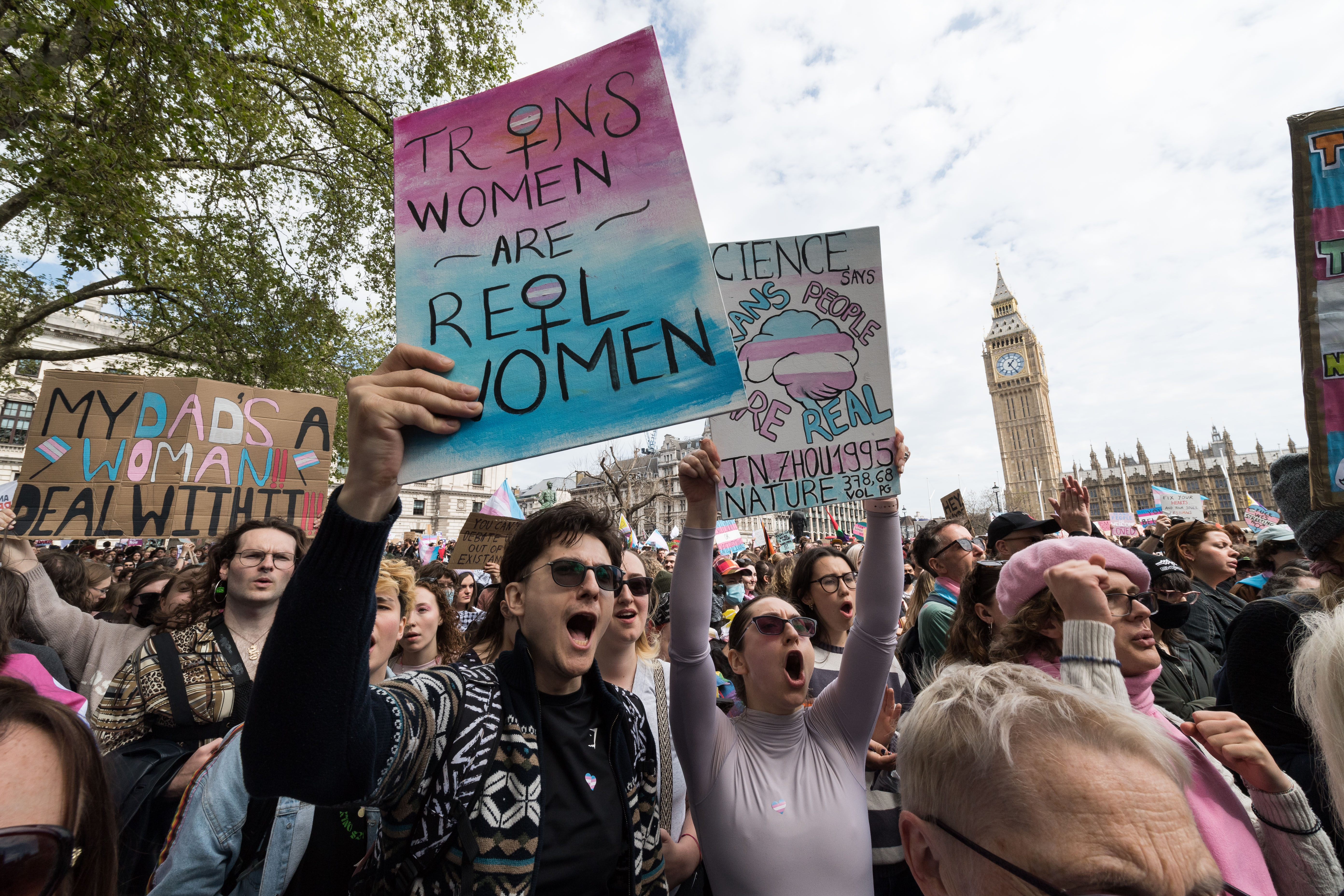 LONDON, UNITED KINGDOM  APRIL 19, 2025: Transgender people and their supporters stage a protest in Parliament Square in support of trans rights following this week