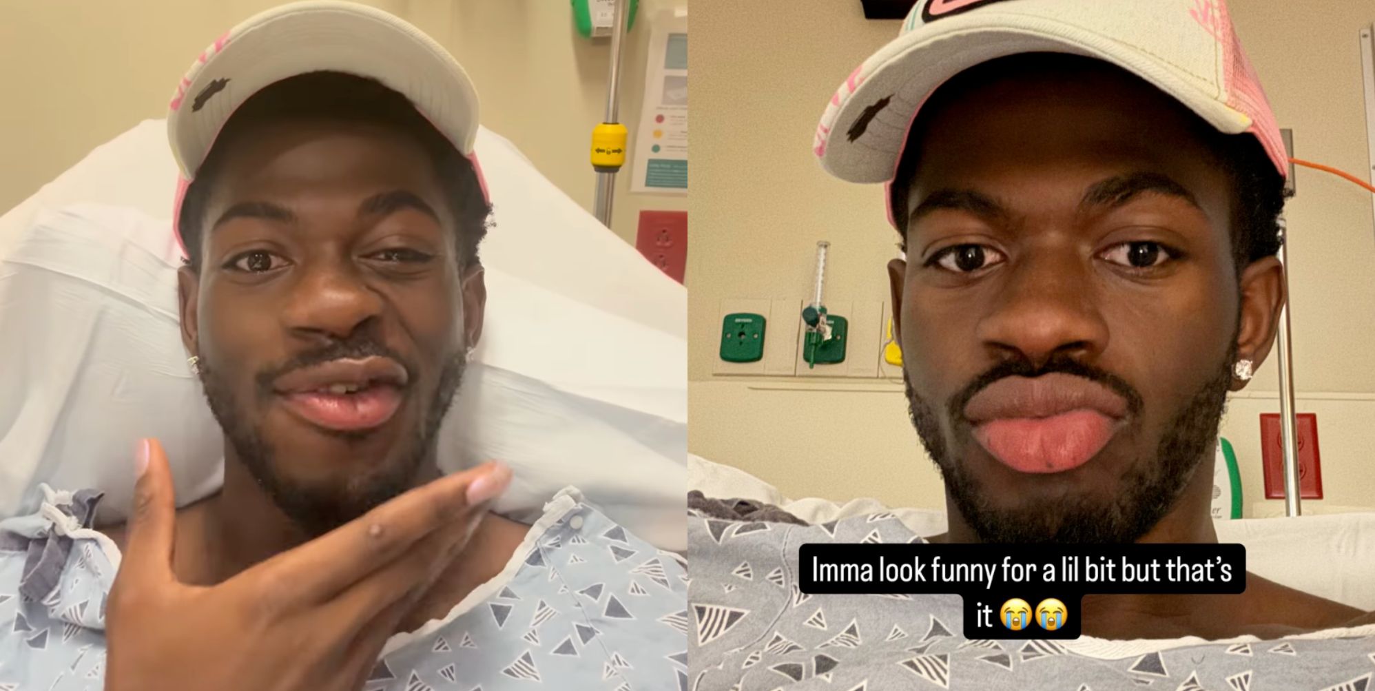 Lil Nas X showing off his paralysed face while in a hospital gown.