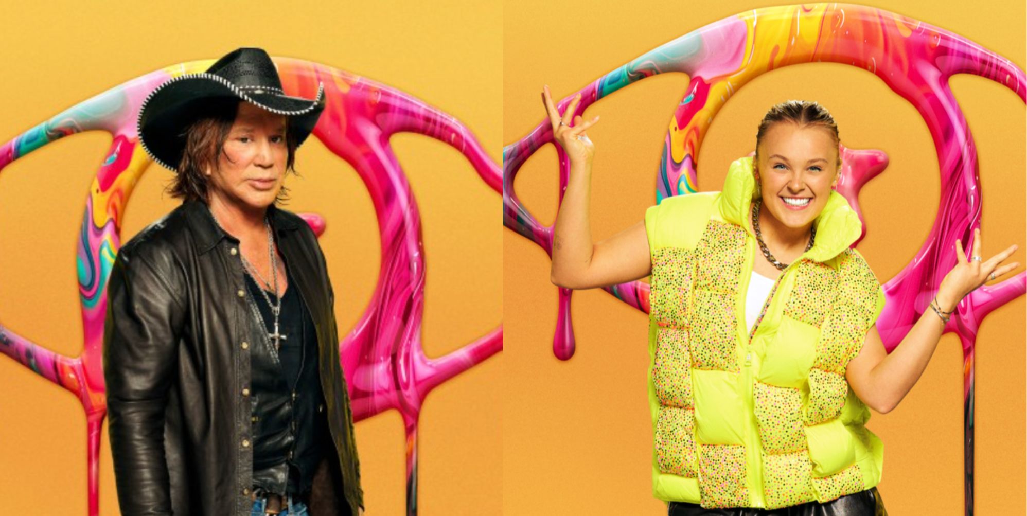 Mickey Rourke and Jojo Siwa in their Celebrity Big Brother promotional photos.