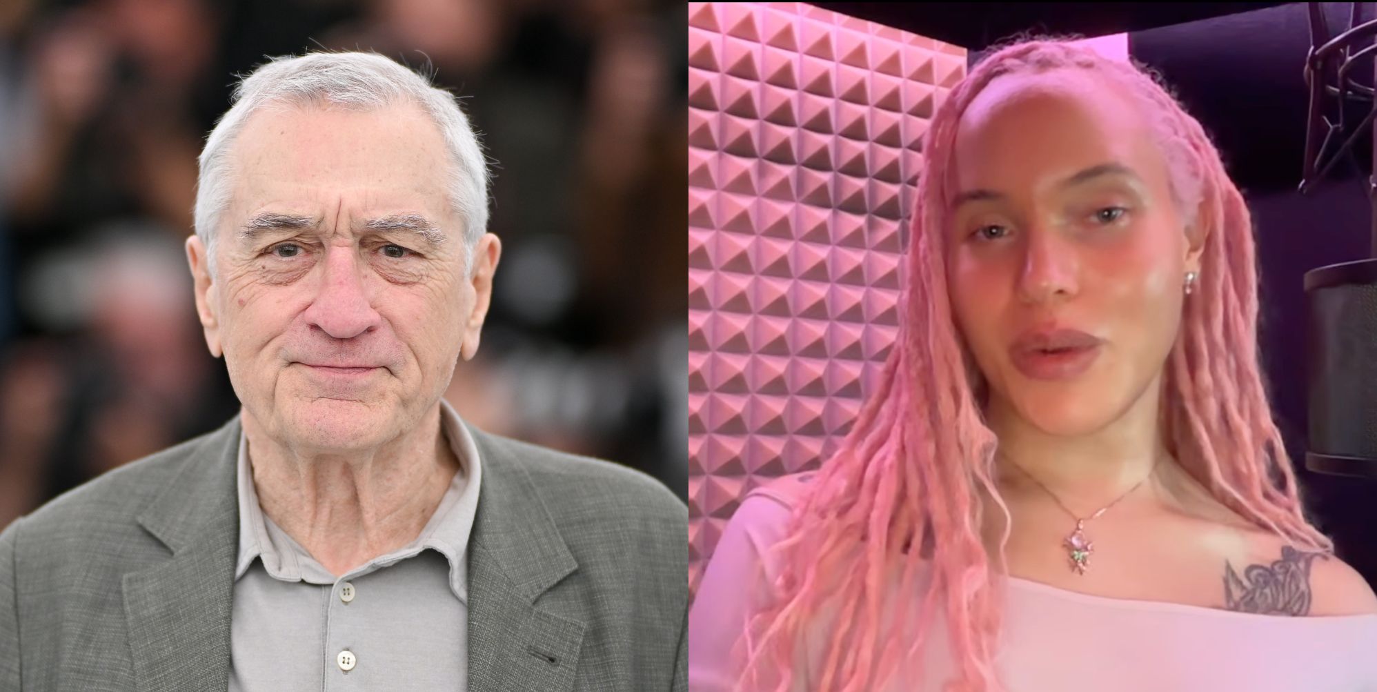 On the left, Robert De Niro in 2023 in a grey shirt and suit blazer. On the right, Airyn De Niro in a video posted to her Instagram account.