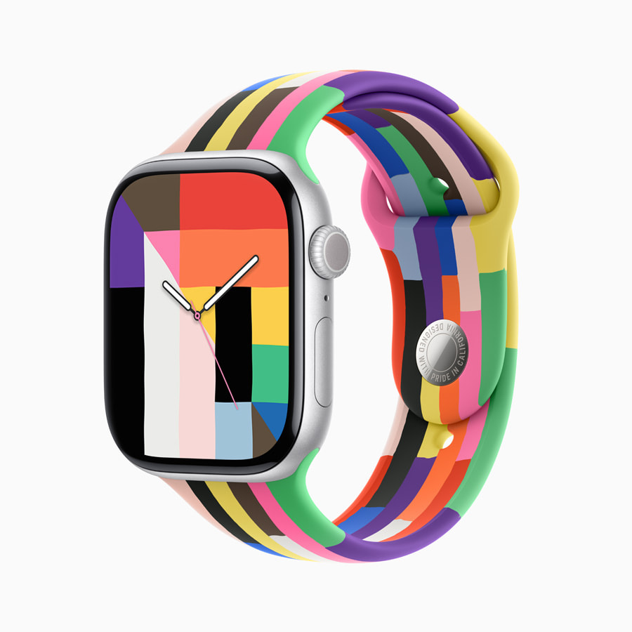 The Pride Edition Sport Band is a rainbow stripe watch with rainbow analogue watch face wallpaper