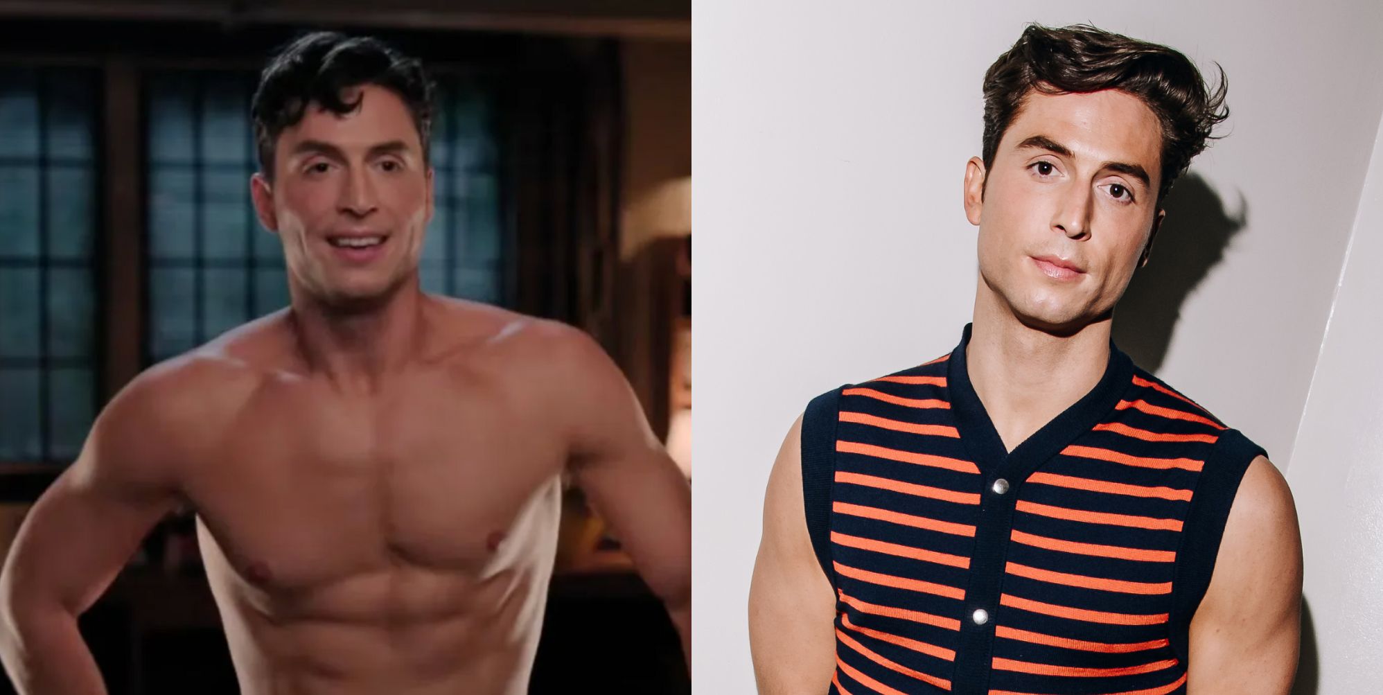 On the left, Benito Skinner shirtless standing in a doorway in a still from his new show Overcompensating. On the right, Benito Skinner in a white room in a striped armless tank top.