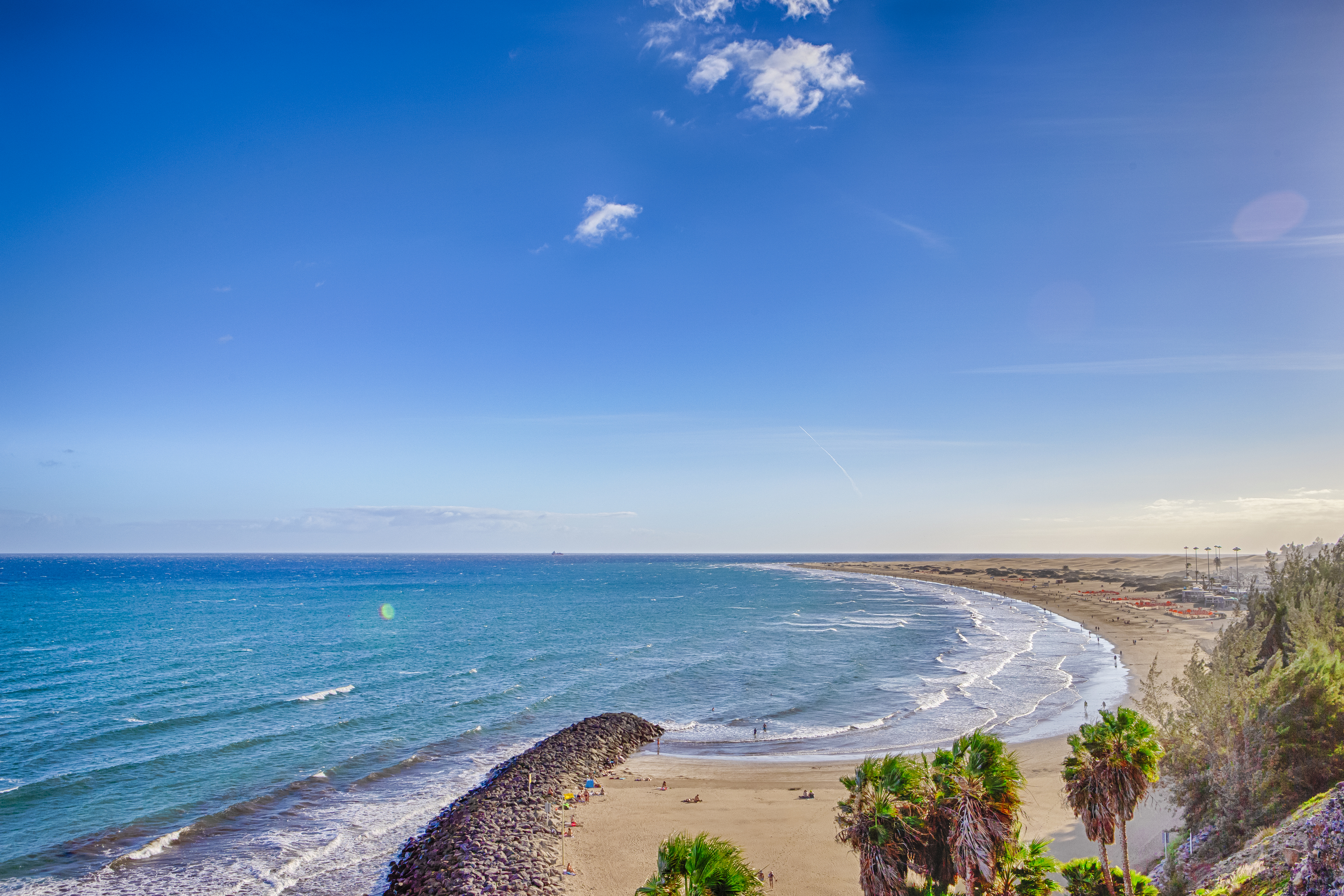 Picturesque View of Playa del Ingles Beach in Maspalomas With Sand Dunes and Palms Trees in Gran Canaria, Spain. 