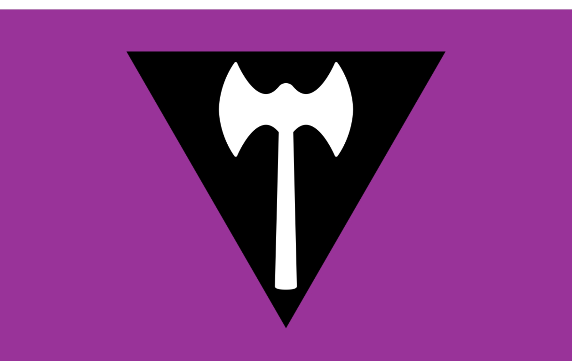 The Labrys Pride flag features a double-headed axe on an upside-down black triangle with a violet background.