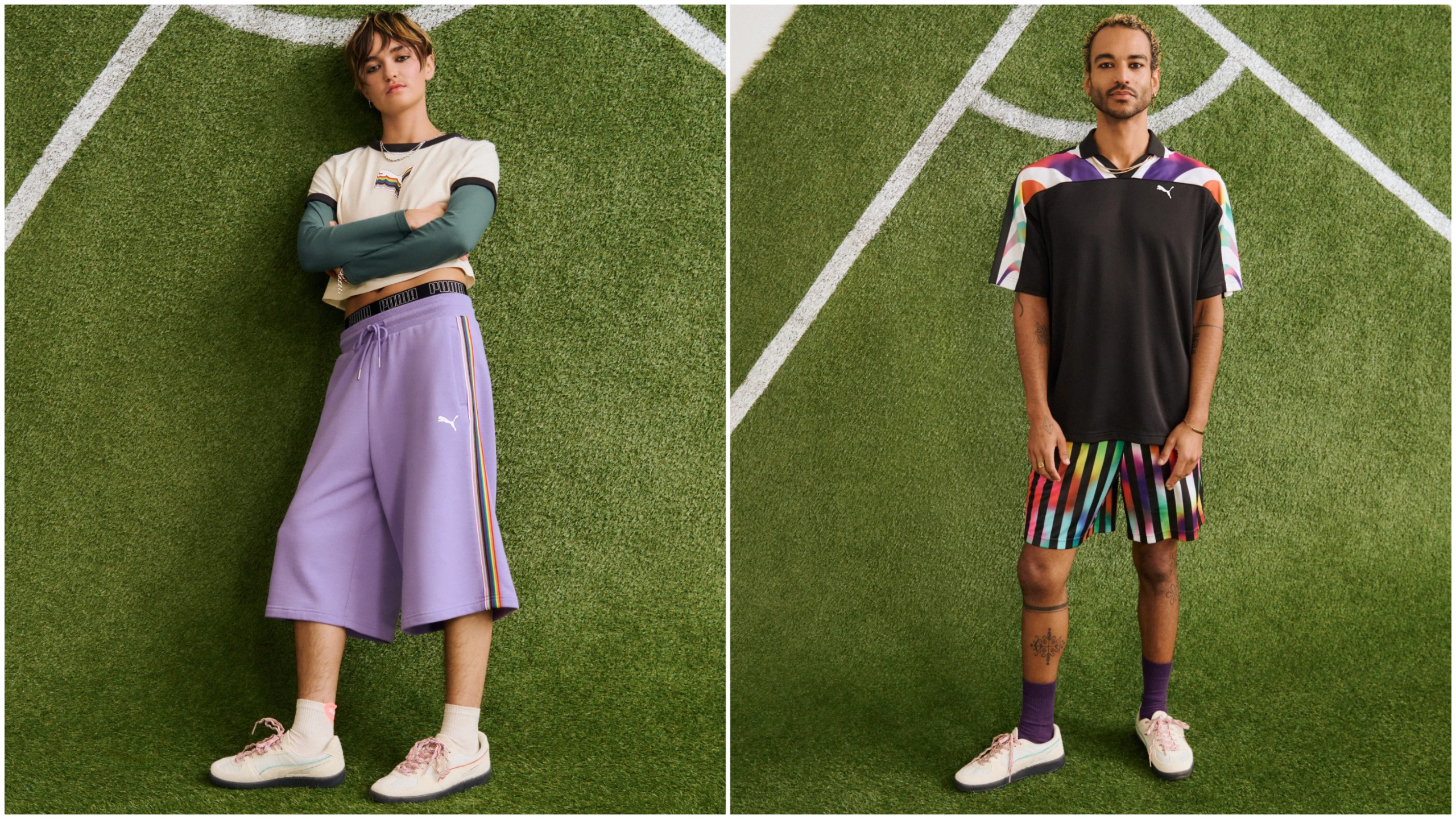 Two pictures of models wearing the 2025 Puma Pride collection against the backdrop of a football pitch