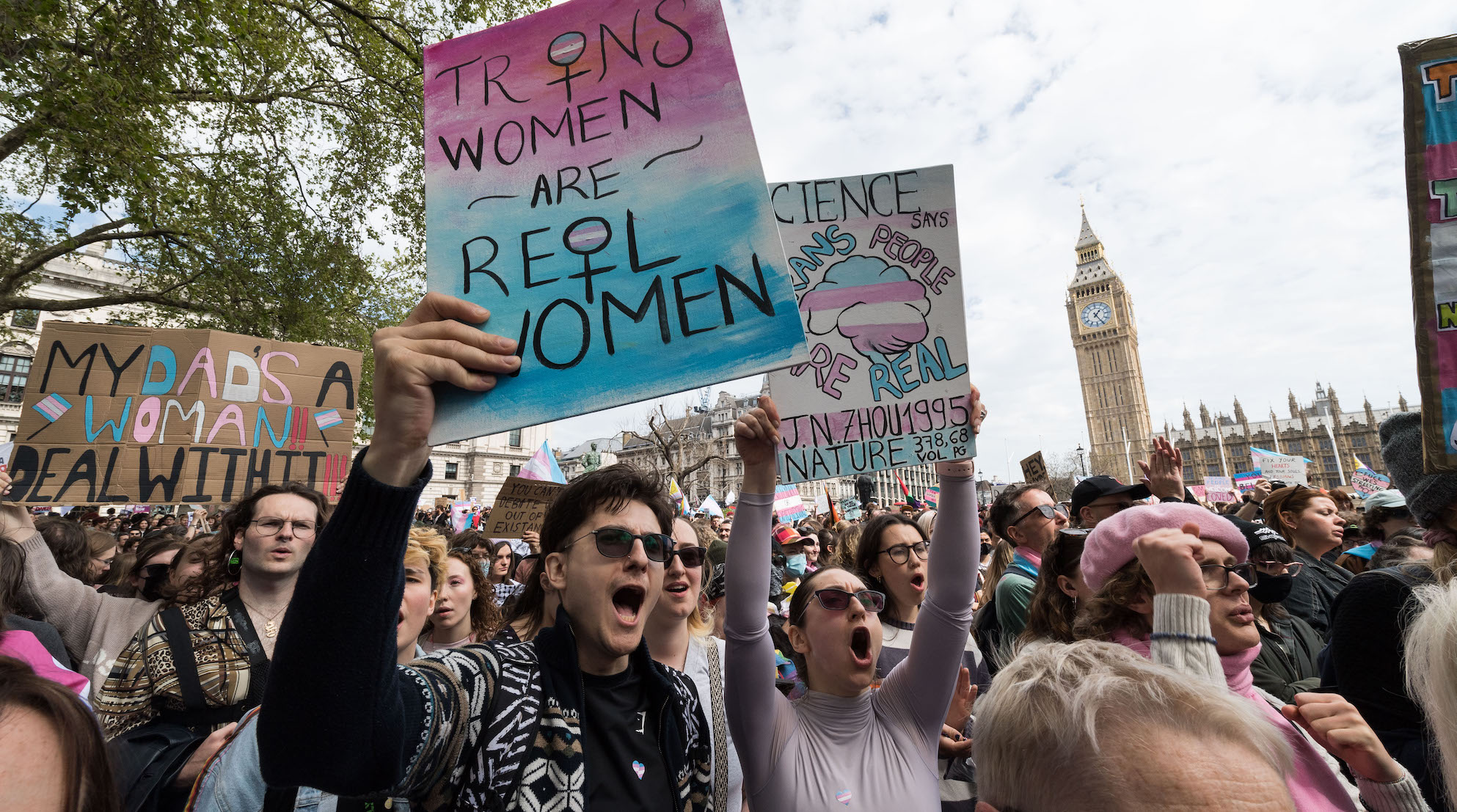 LONDON, UNITED KINGDOM – APRIL 19, 2025: Transgender people and their supporters stage a protest in Parliament Square in support of trans rights following this week