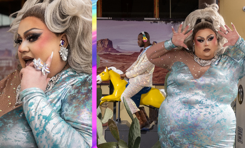 Two images of a drag queen in a silver dress modelling the Dime EVO Skullcandy ear buds