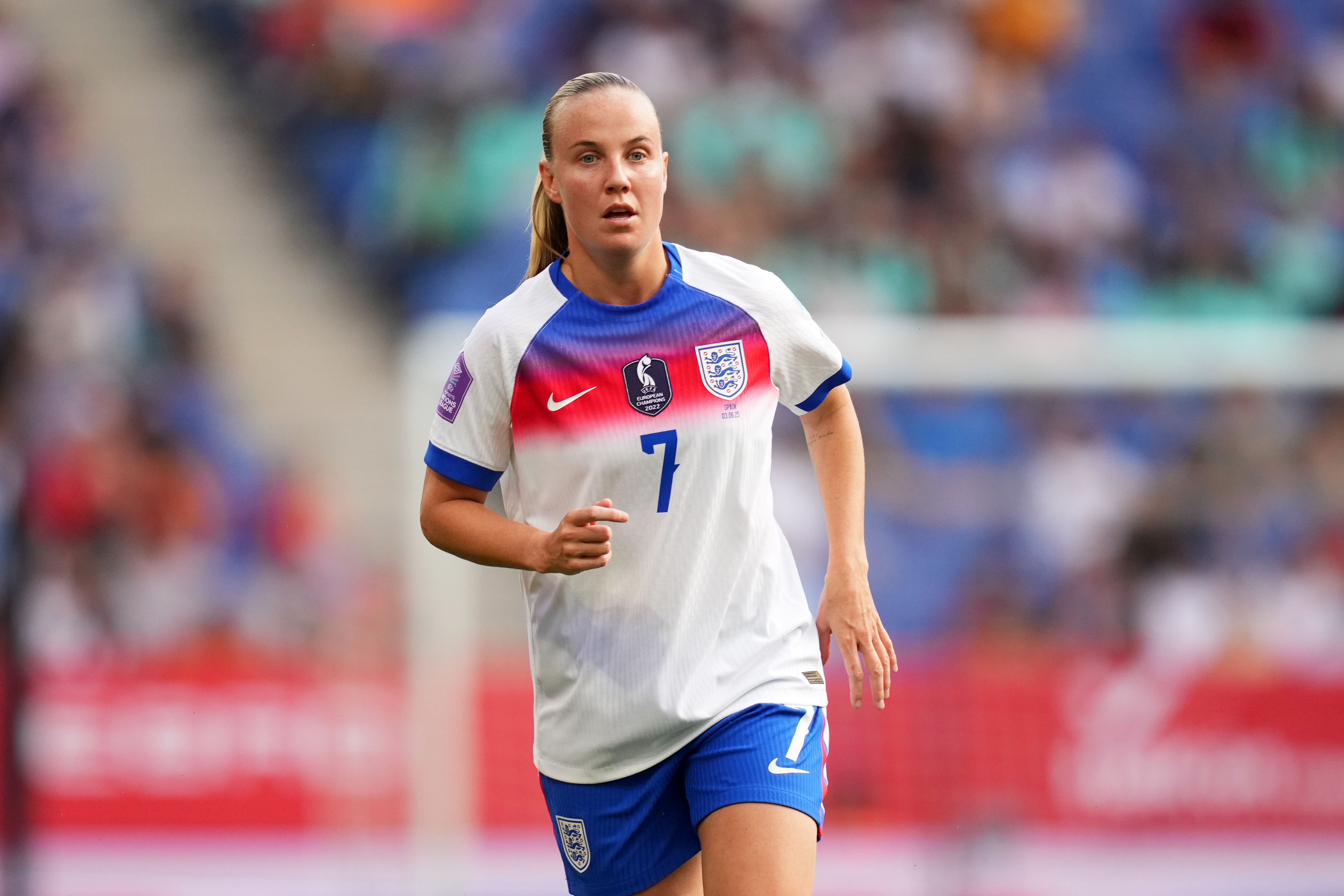 Beth Mead on the pitch in the England football kit
