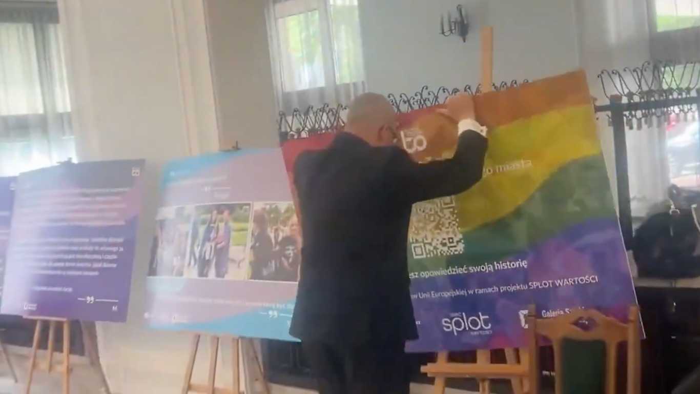 Polish MEP filmed destroying LGBTQ+ exhibition in parliament