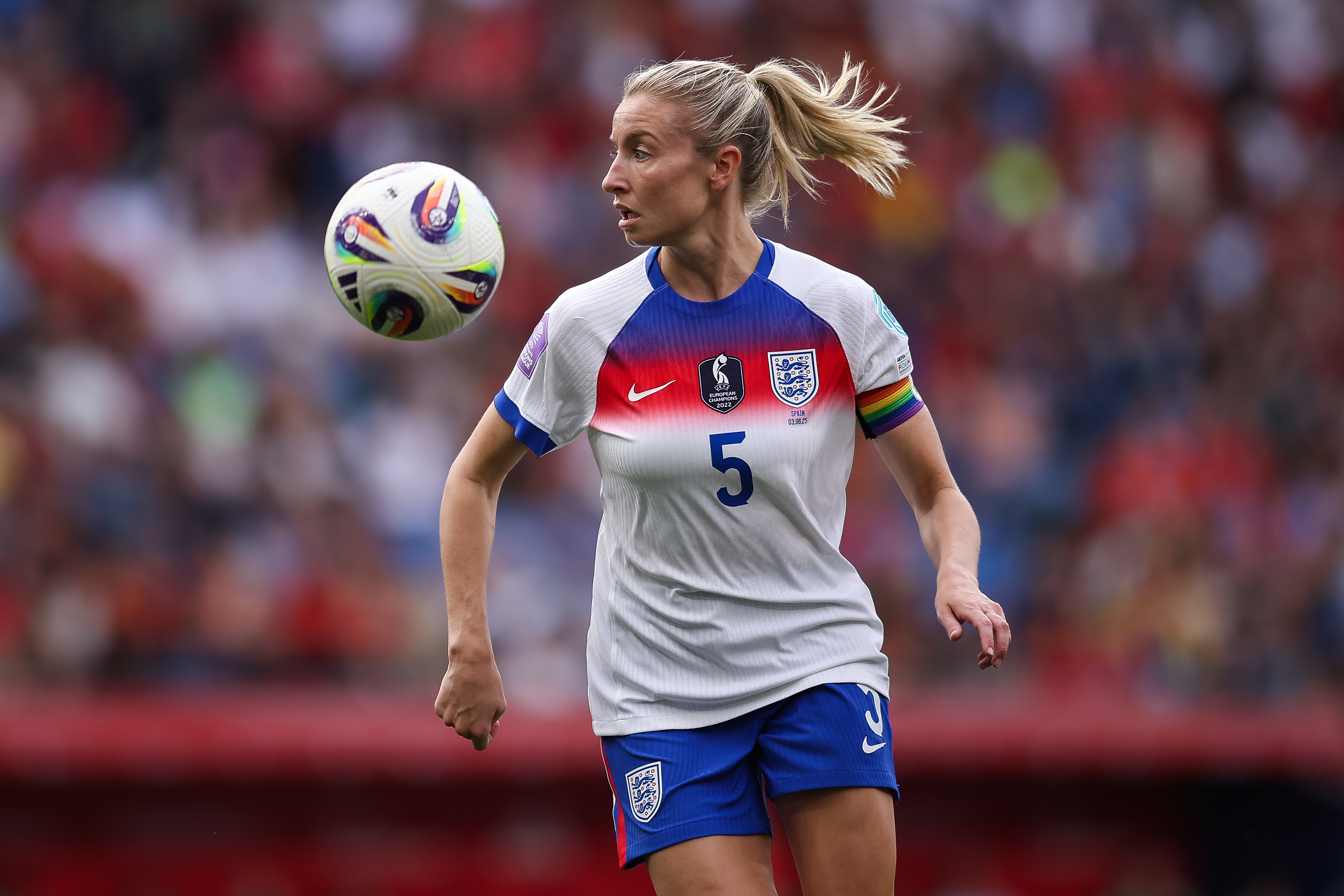 Leah Williamson on the pitch in the England kit