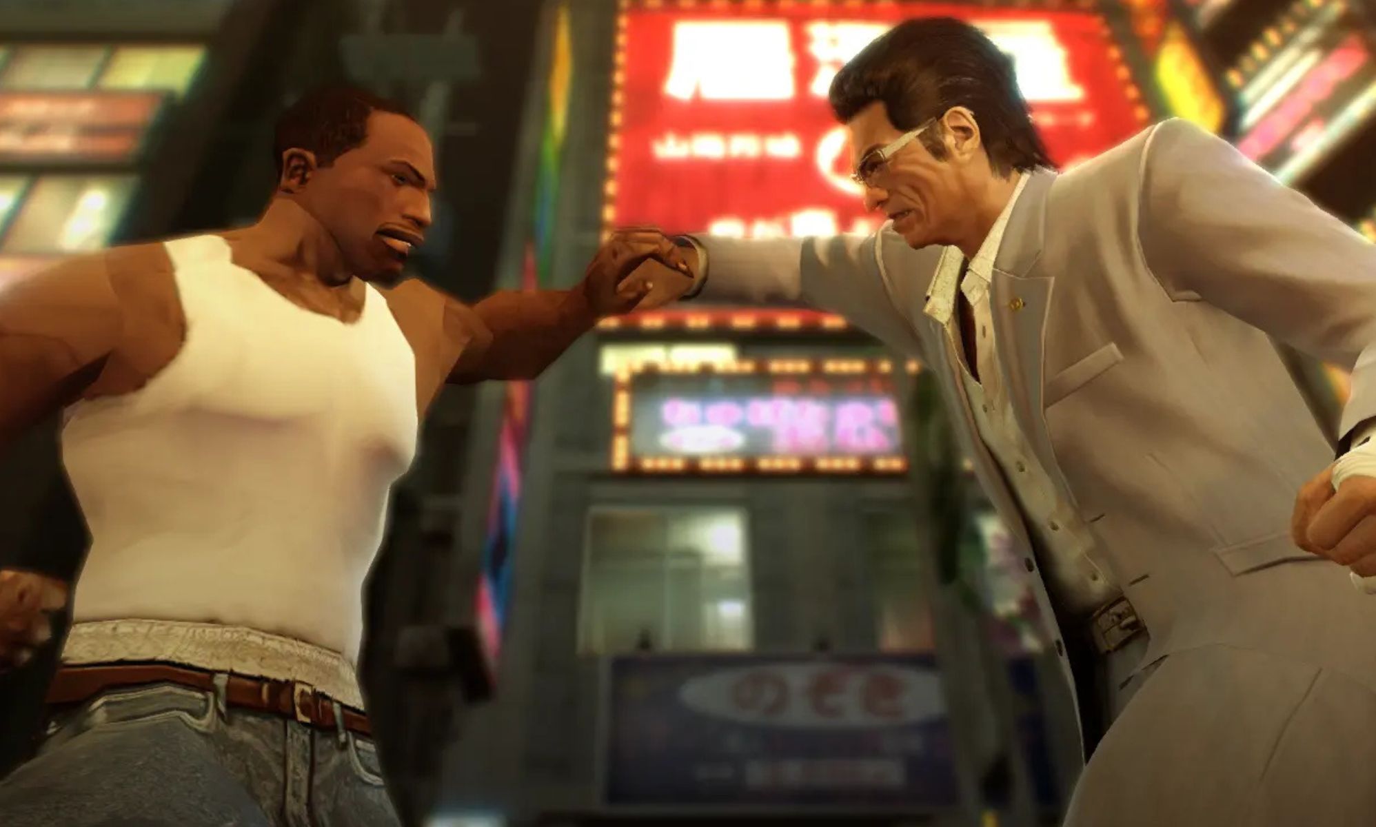 A screenshot of Carl Johnson from GTA San Andreas in Yakuza0.