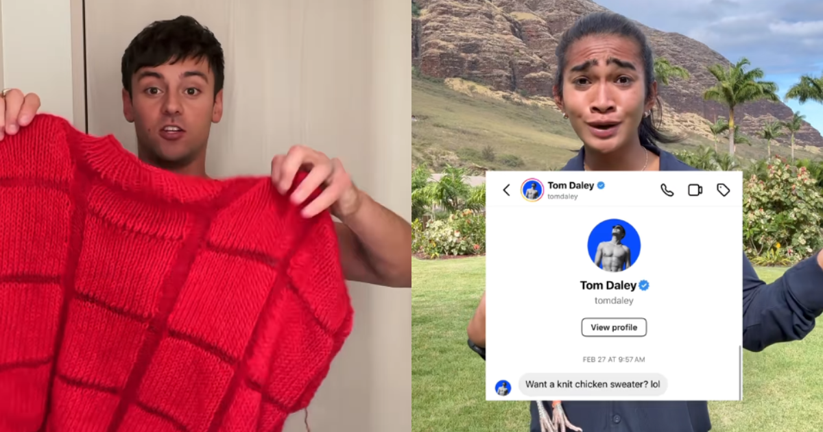 Tom Daley knits a jumper for Bretman Rock, and it’s a portrait of his chicken