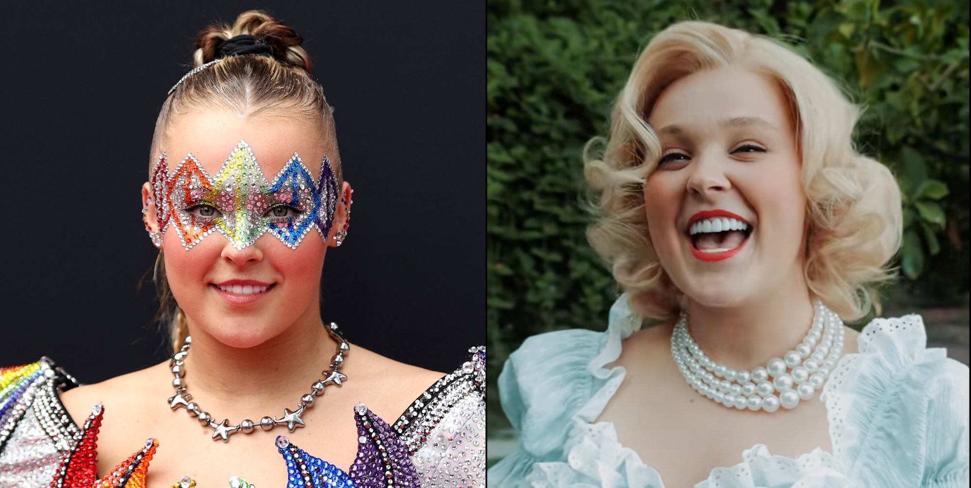 JoJo Siwa performing at in rainbow outfit and glitter in 2024 (left) and appearing in a new music video in a housewife-esque wig and blue crop top (right)