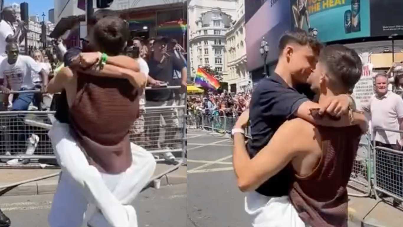 Gay influencers share passionate kiss in front of anti-LGBTQ+ protesters at Pride in London