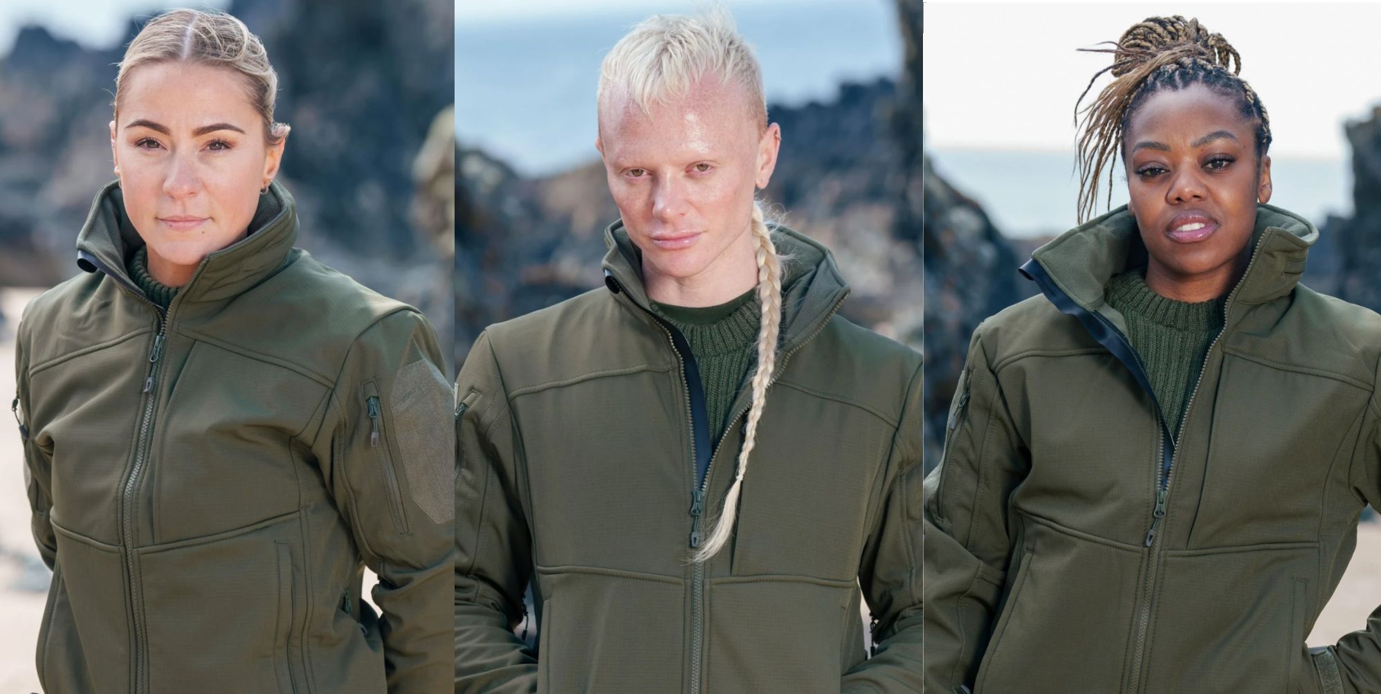 Promo photos for Lucy Spraggan, Bimini and Lady Leshurr in military gear.