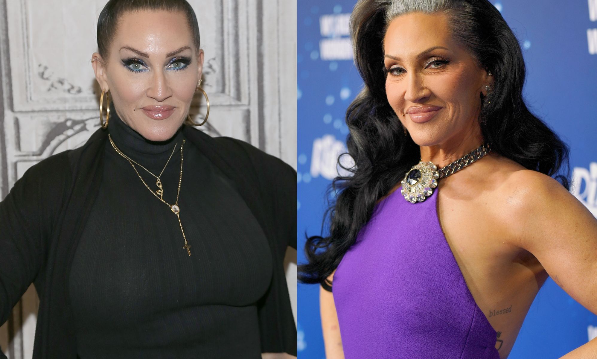 A before and after of Michelle Visage after undergoing breast reduction surgery.