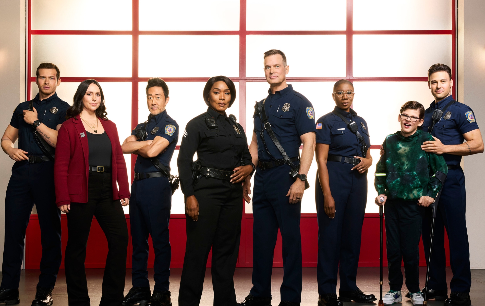 “9-1-1” stars Oliver Stark as Evan “Buck” Buckley, Jennifer Love Hewitt as Maddie Kendall, Kenneth Choi as Howie “Chimney” Han, Angela Bassett as Athena Grant, Peter Krause as Bobby Nash, Aisha Hinds as Henrietta “Hen” Wilson, Gavin McHugh as Christopher Diaz, and Ryan Guzman as Eddie Diaz.