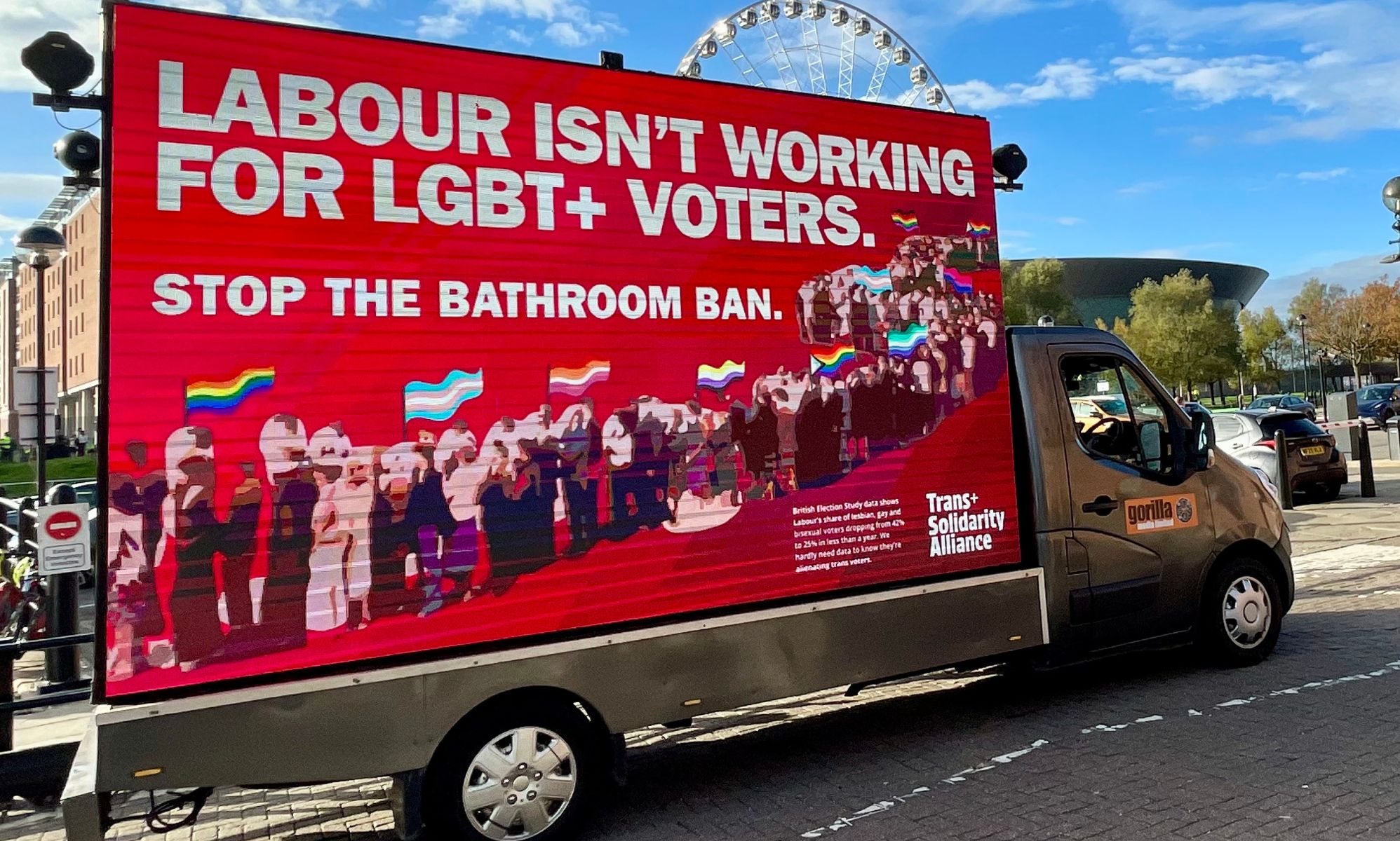 Trans+ Solidarity Alliance parked the van outside the Labour conference venue.