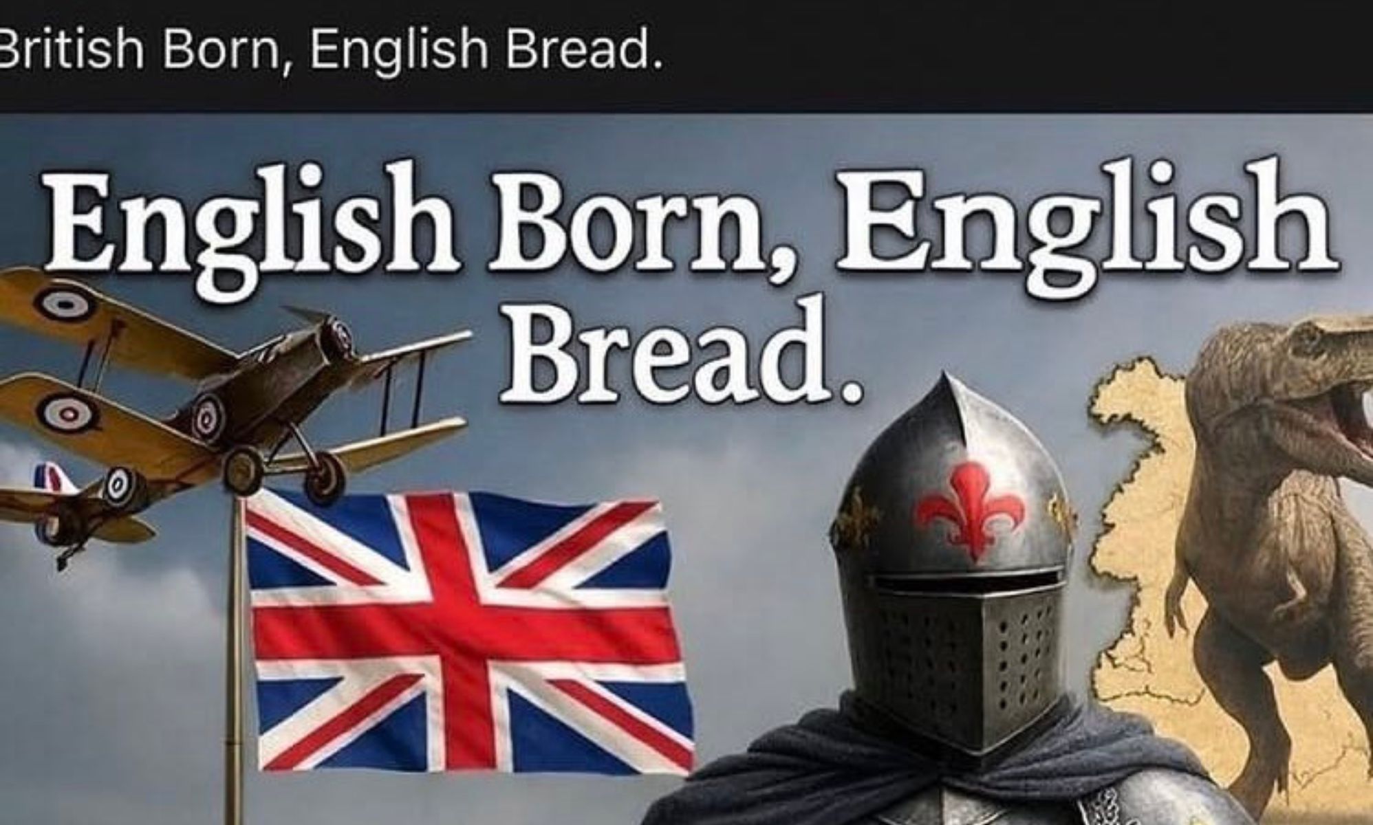 An AI-generated picture of a plane, a knight, the Union Jack, and a dinosaur.