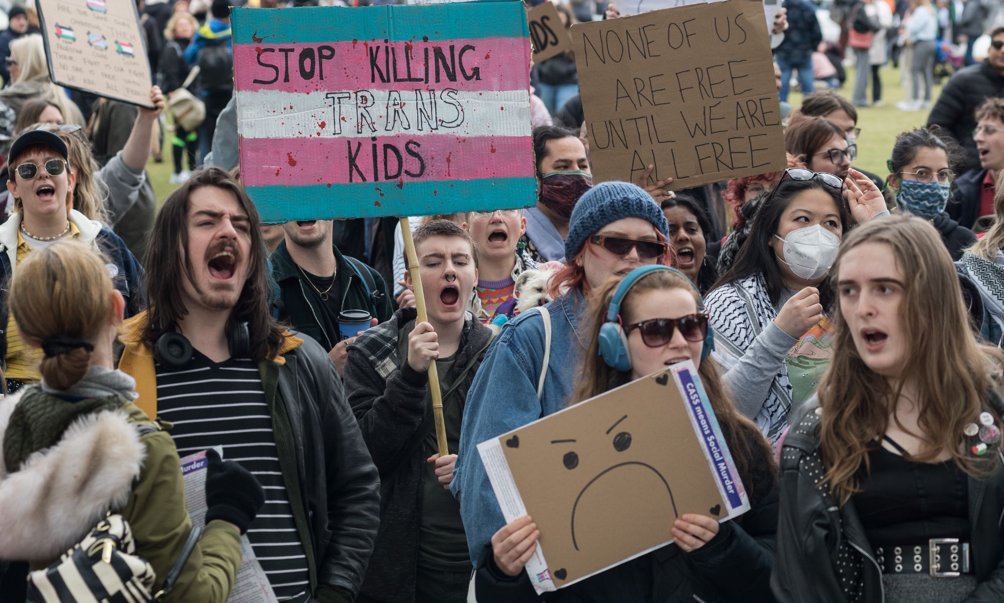 Protestors holding trans signs.