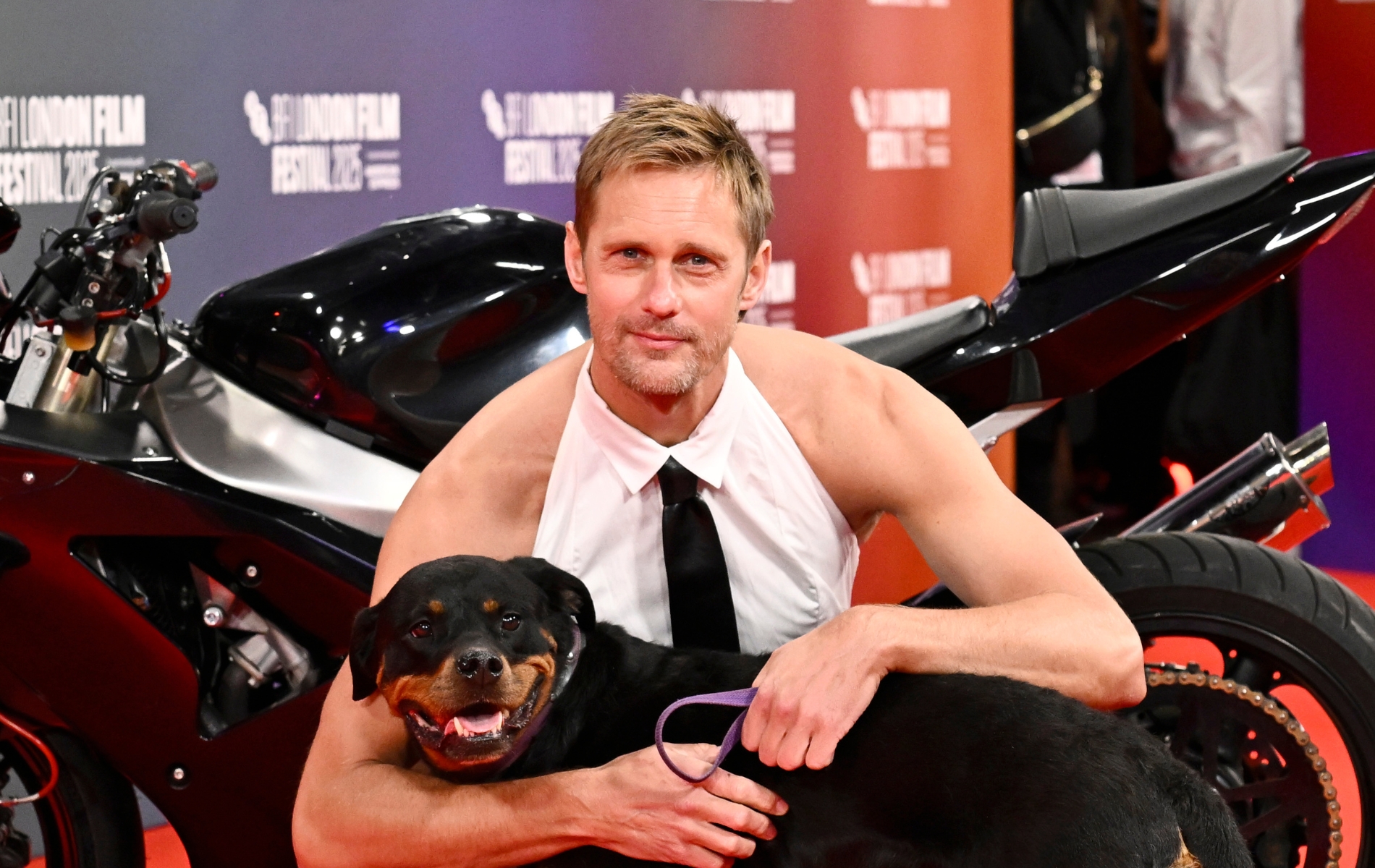 Halter-top-wearing Alexander Skarsgård steals the show at premiere of kinky biker movie Pillion