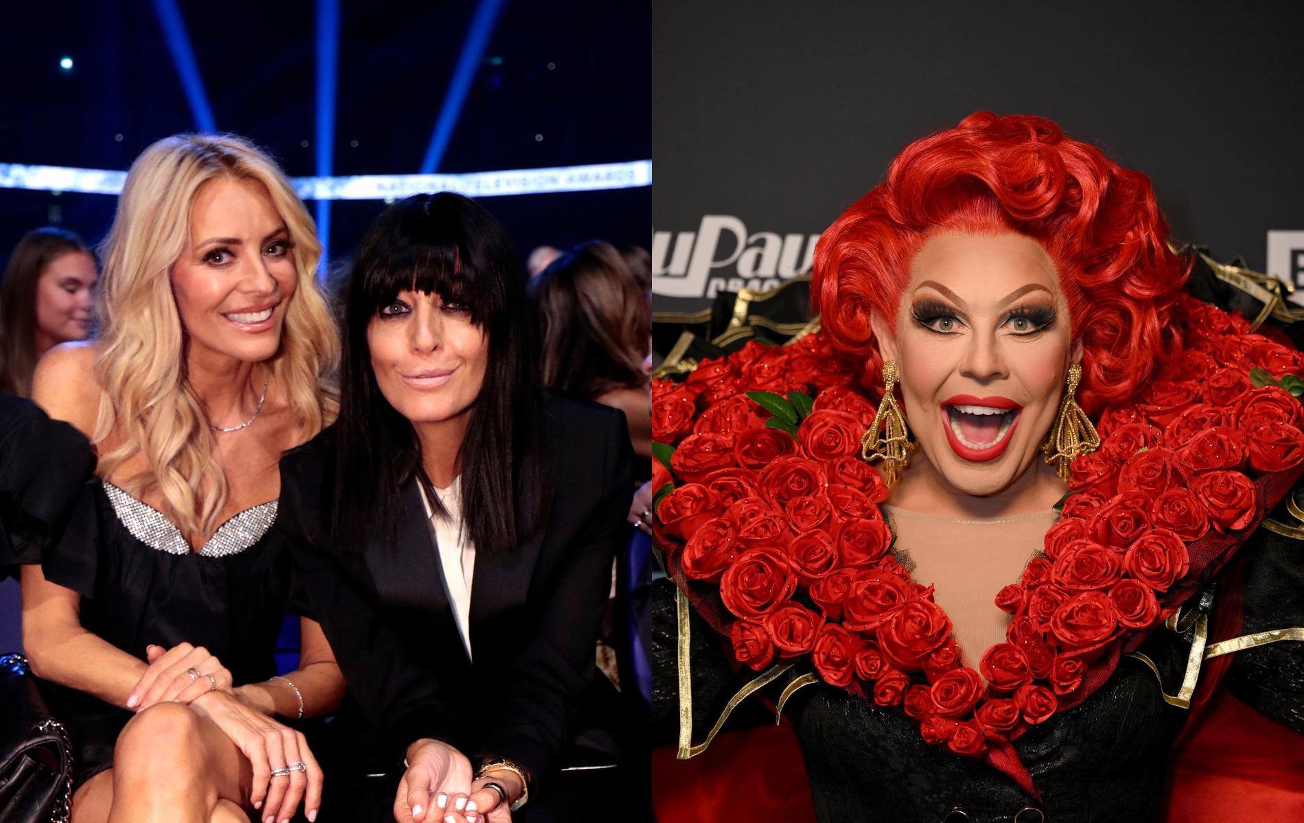 Tess Daly and Claudia Winkleman next to picture of La Voix. (Photo by John Phillips/Getty Images for the NTA