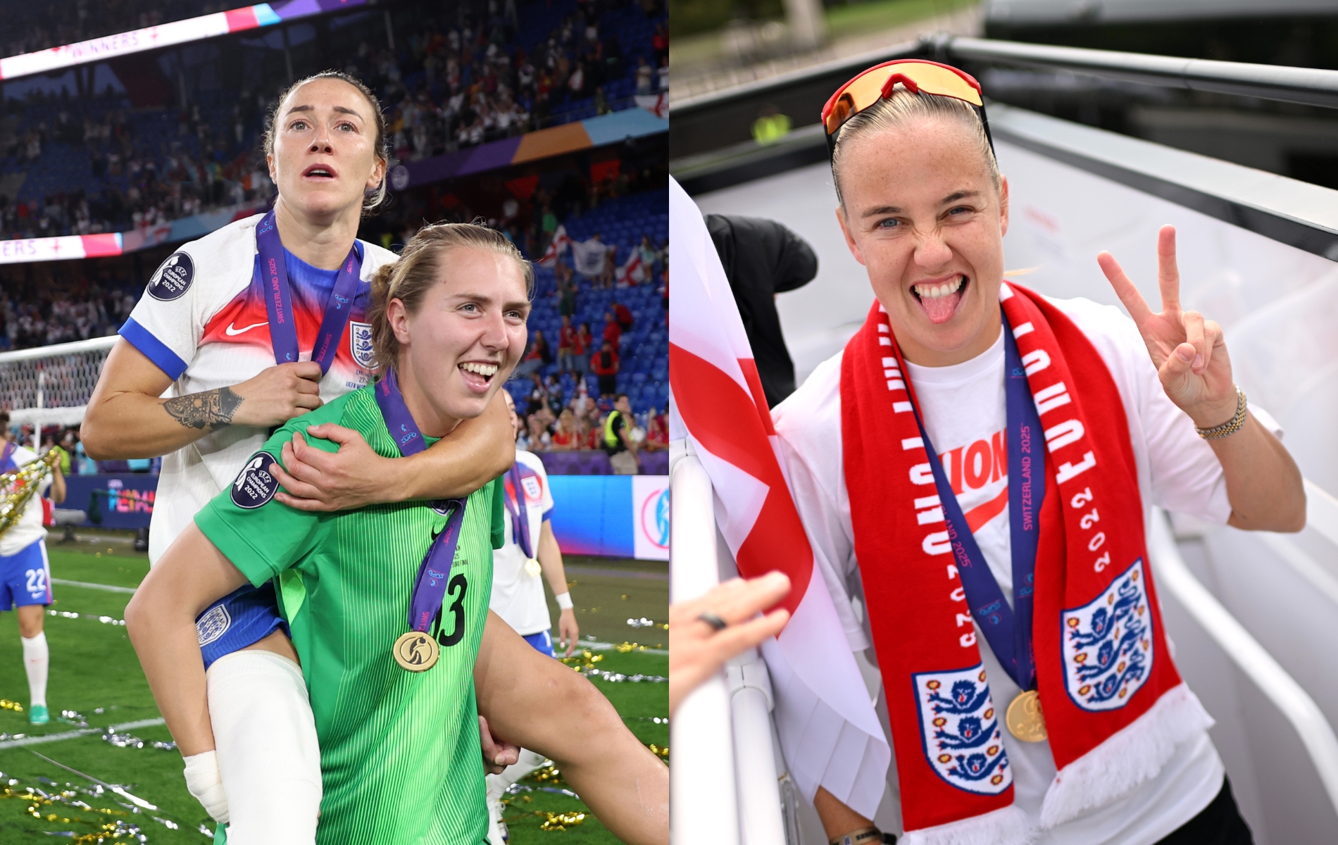 Anna Moorhouse of England carries Lucy Bronze as they celebrate with their winners medals after England defeat Spain during the UEFA Women