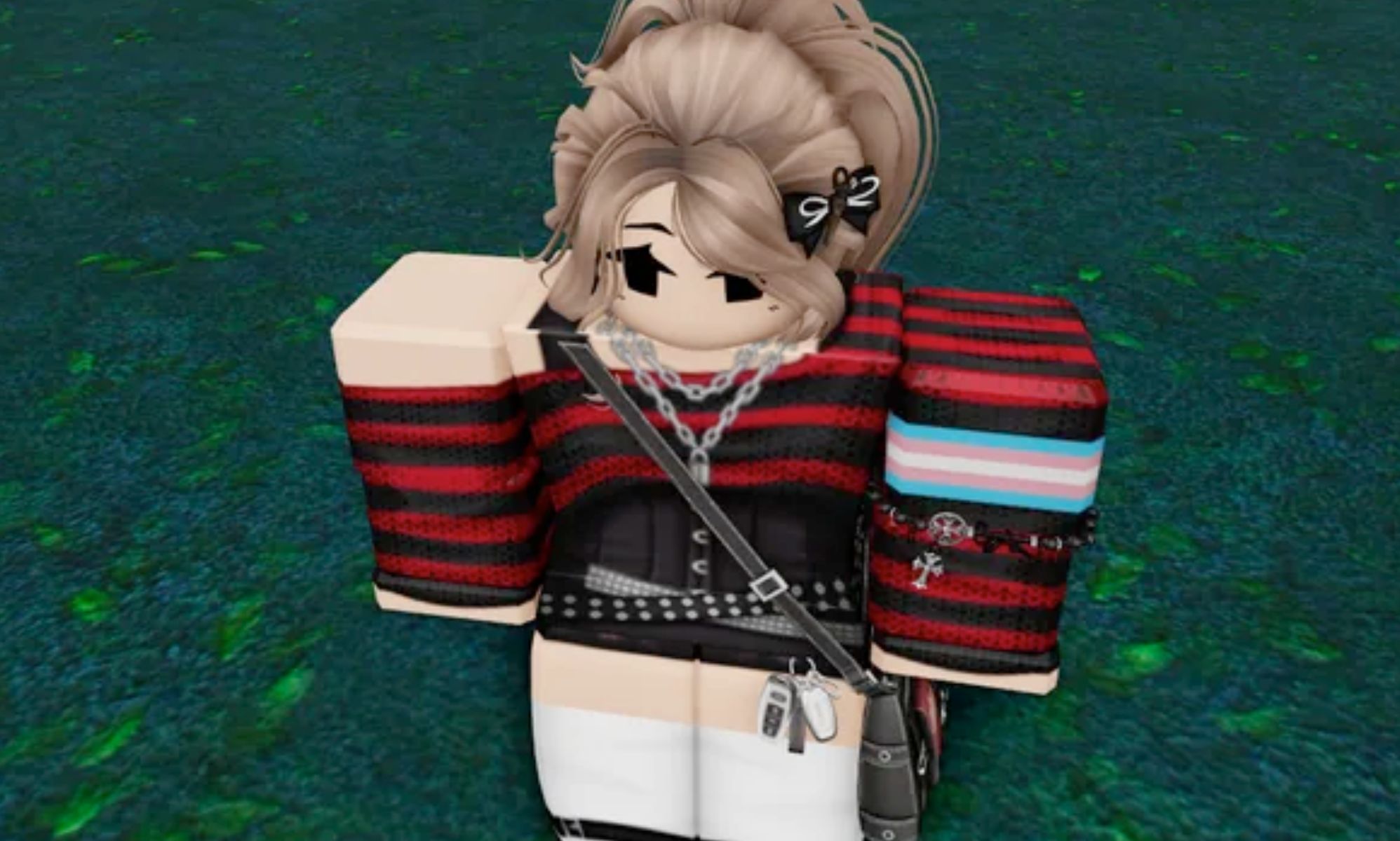 A Roblox avatar wearing the trans tied armband. 