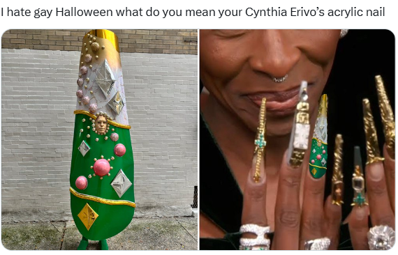 Costume designer officially wins 'Gay Halloween' by dressing as Cynthia Erivo's acrylic nail