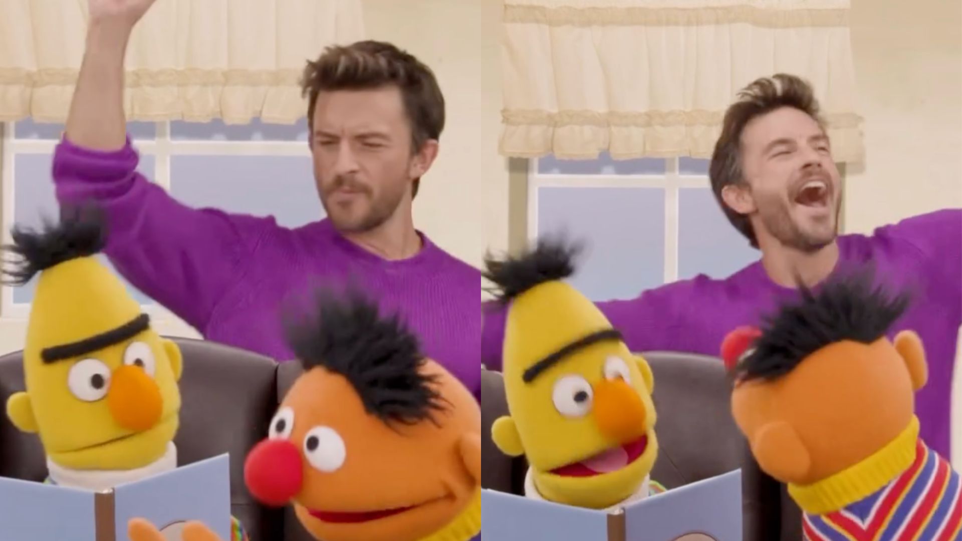 Jonathan Bailey meets gay muppet icons Bert and Ernie on Sesame Street