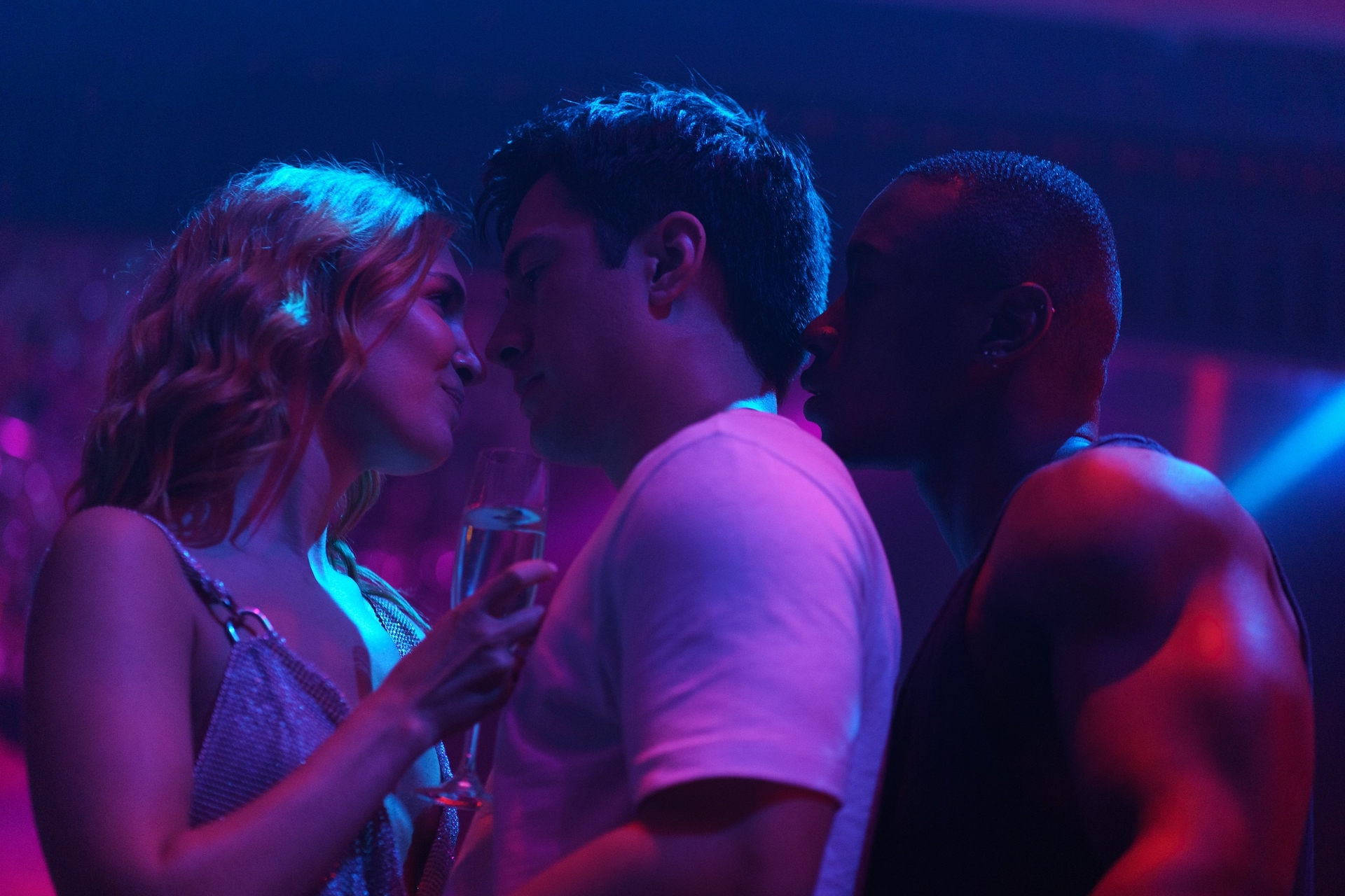 Heated Rivalry still: Sophie Nélisse as Rose Landry, Hudson Williams as Shane Hollander and Devanté Senior as Miles