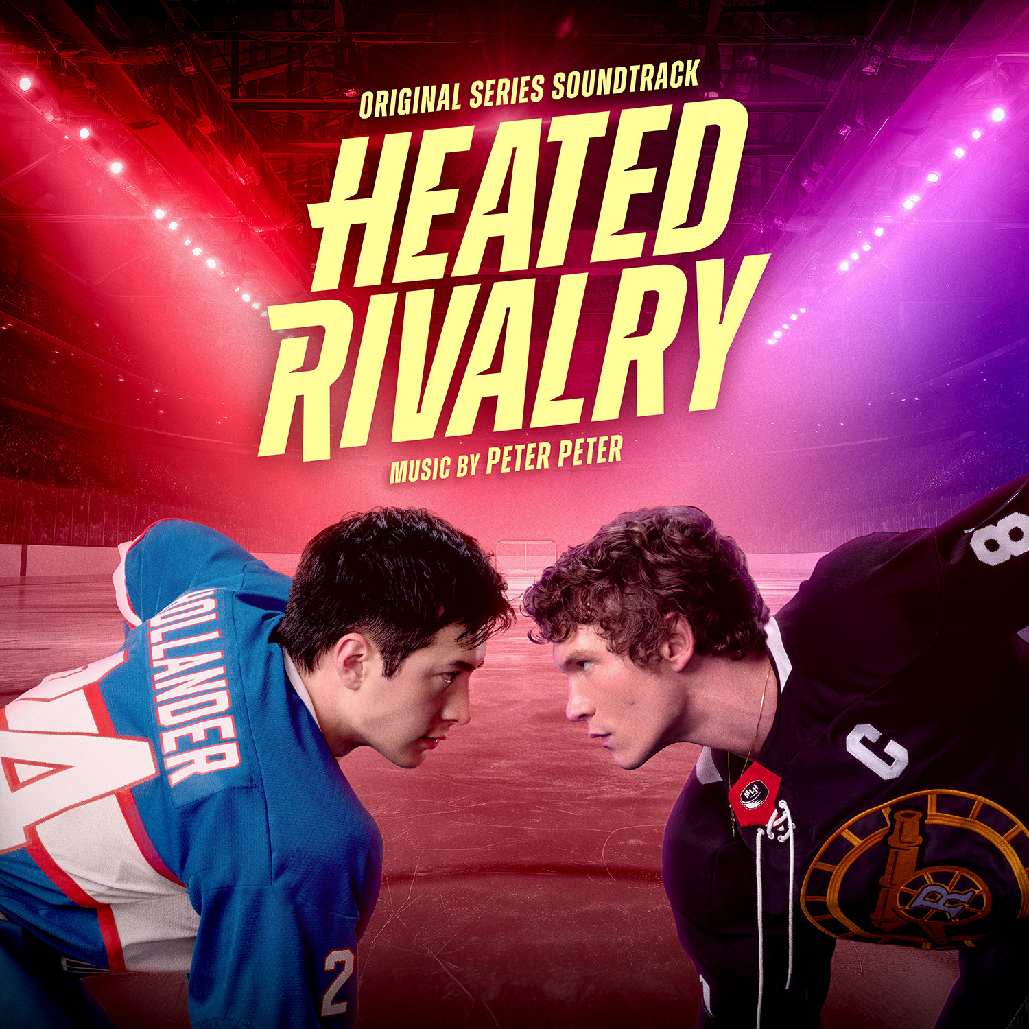 Heated Rivalry soundtrack cover: Original series soundtrack Heated Rivalry music by peter peter text above hockey players shane and ilya facing off.