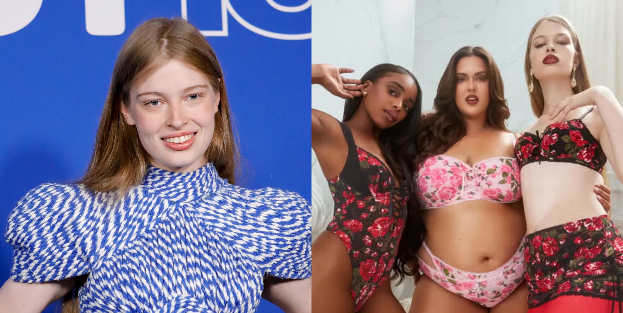 On the left, Vivian Jenna Wilson smiles on the red carpet of the out 100 event in 2025. On the left, Vivian Jenna WIlson appears in the Savage X Fenty campaign.